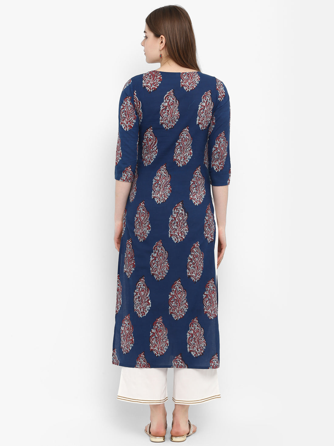 Indigo & Red Block Printed Cotton Kurta