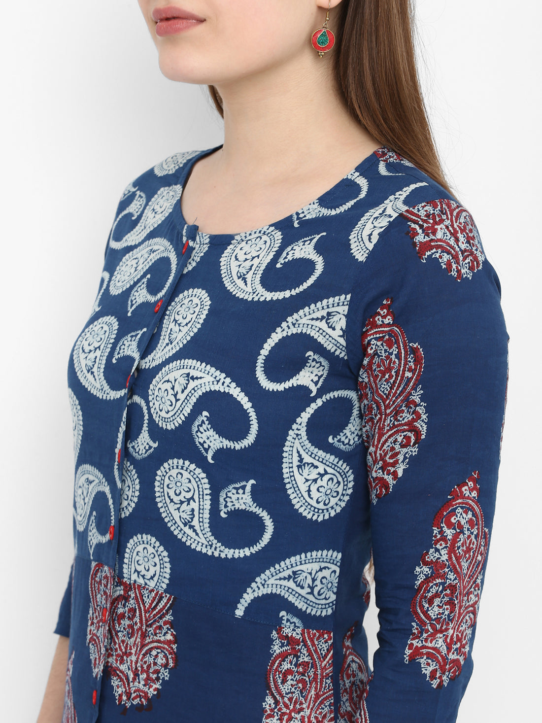 Indigo & Red Block Printed Cotton Kurta