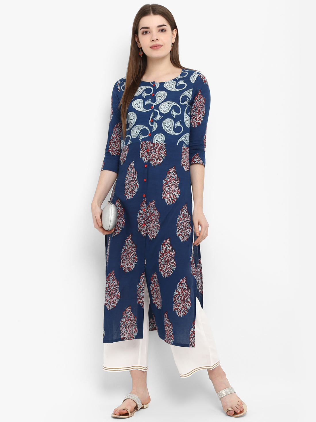 Indigo & Red Block Printed Cotton Kurta