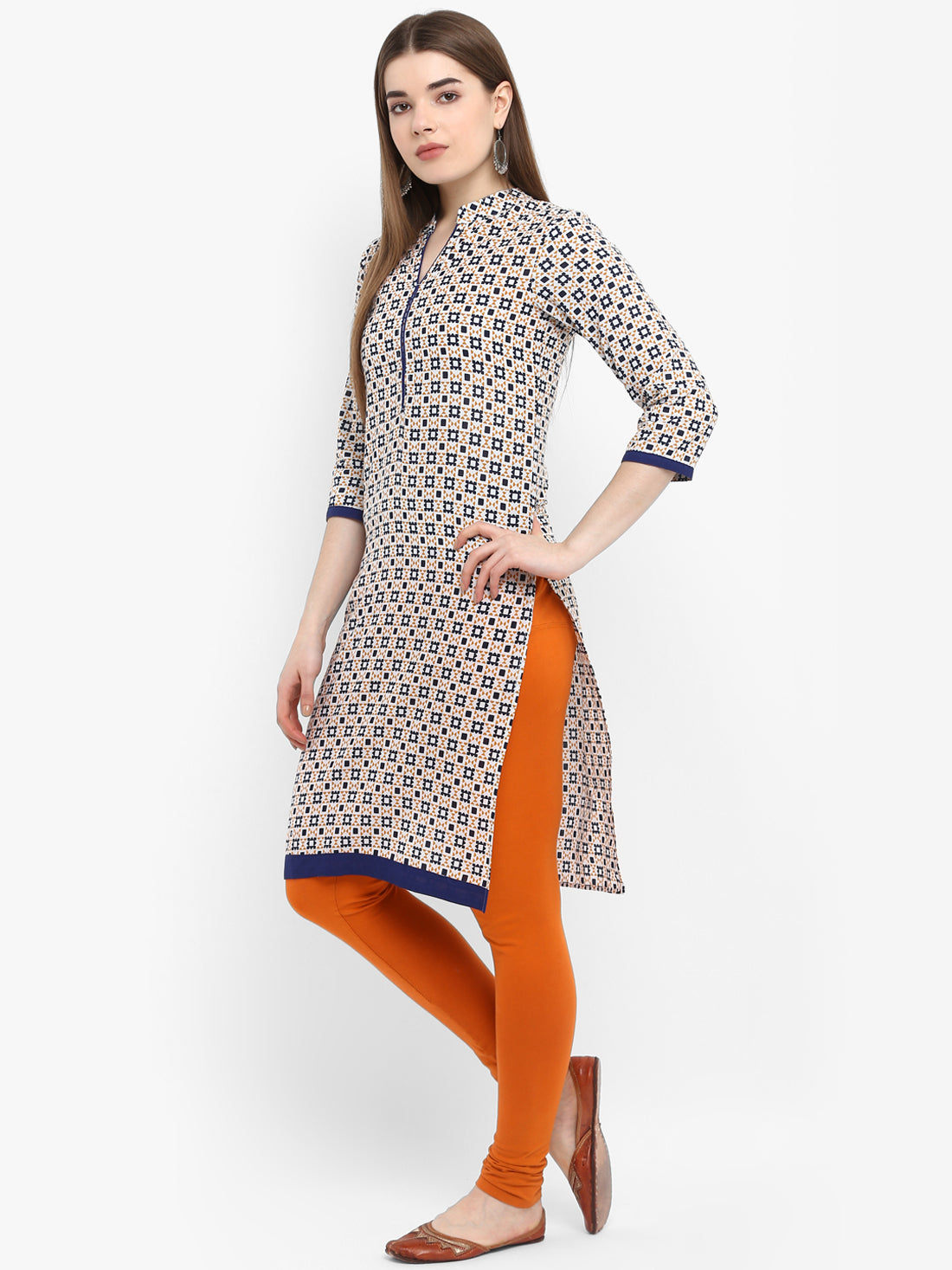 Off-White & Blue Printed Cotton Kurta