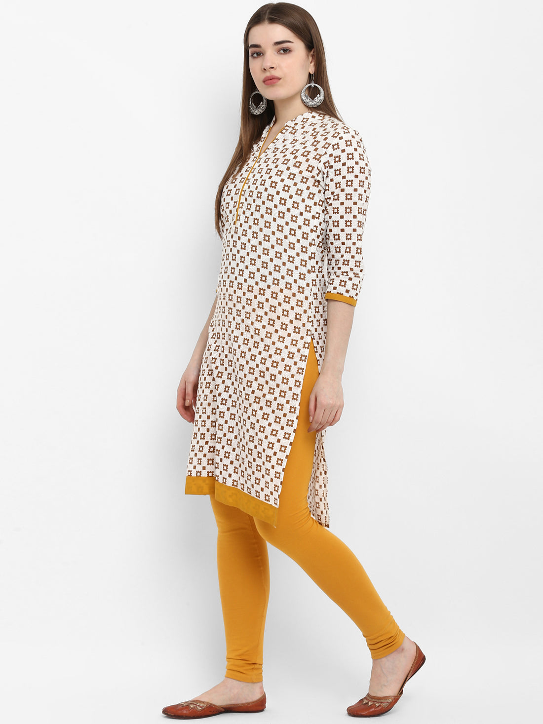 Mustard & Beige Printed Cotton Kurta