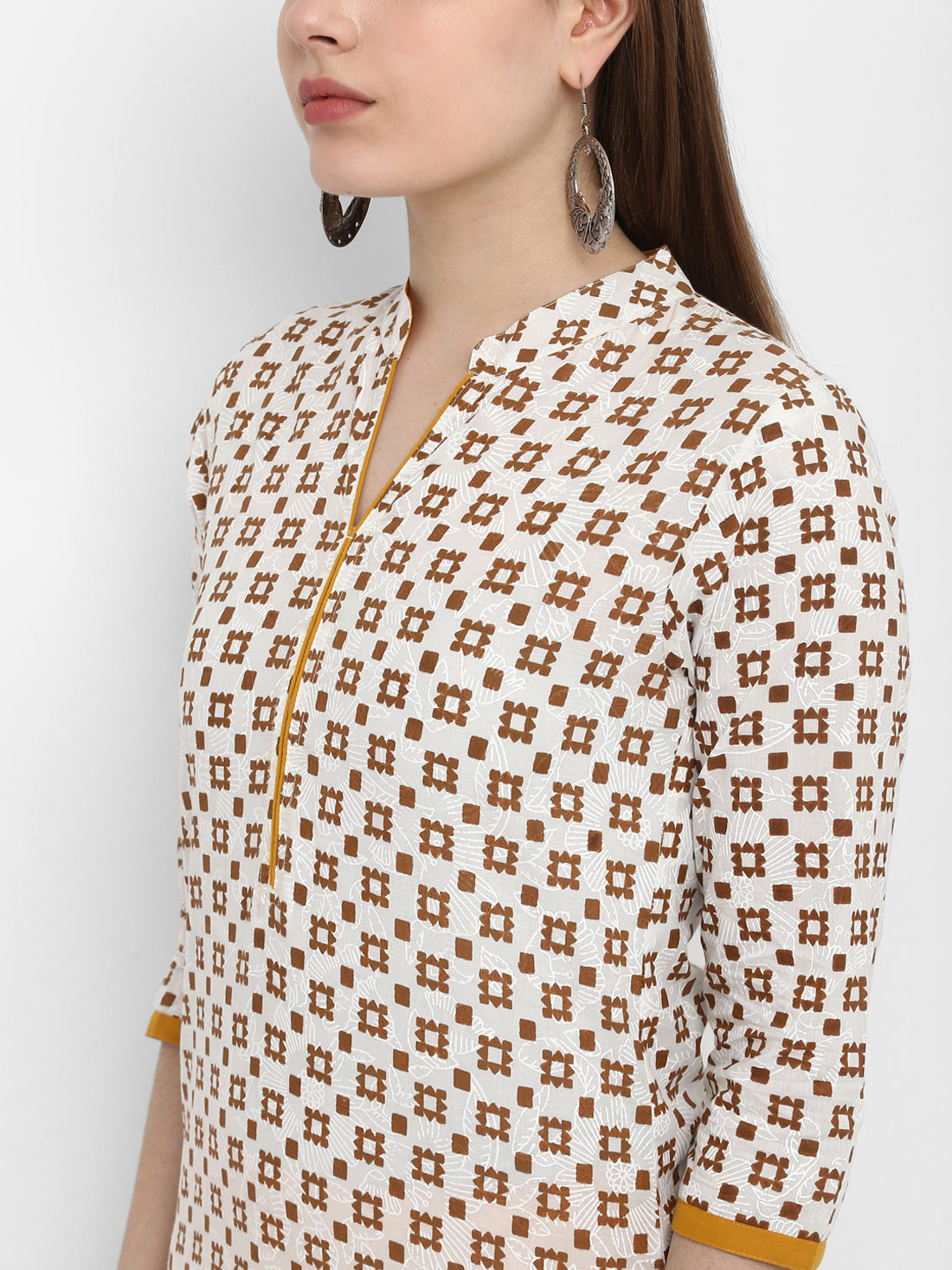 Mustard & Beige Printed Cotton Kurta