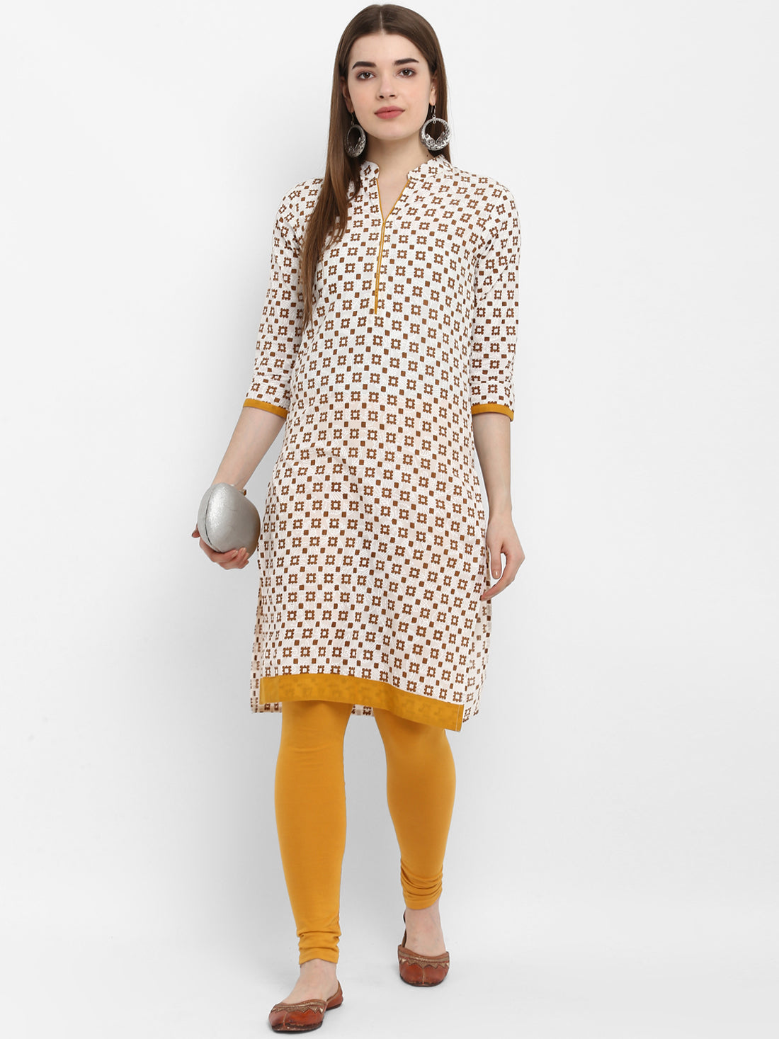 Mustard & Beige Printed Cotton Kurta