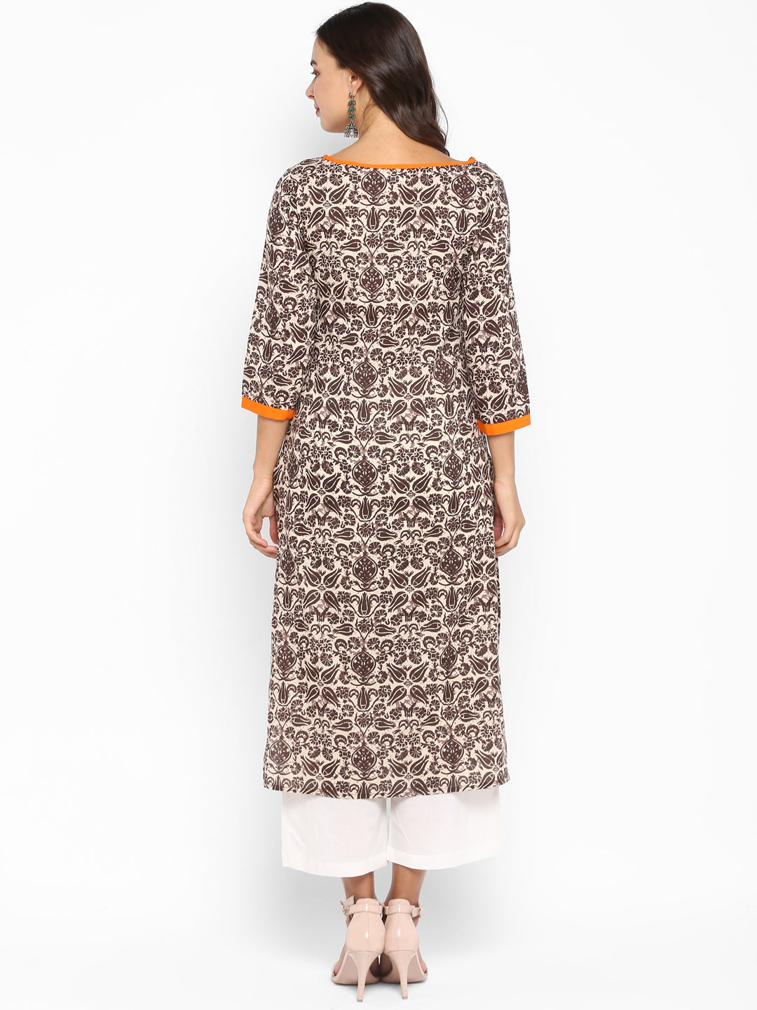 Brown Floral Printed Cotton Kurta