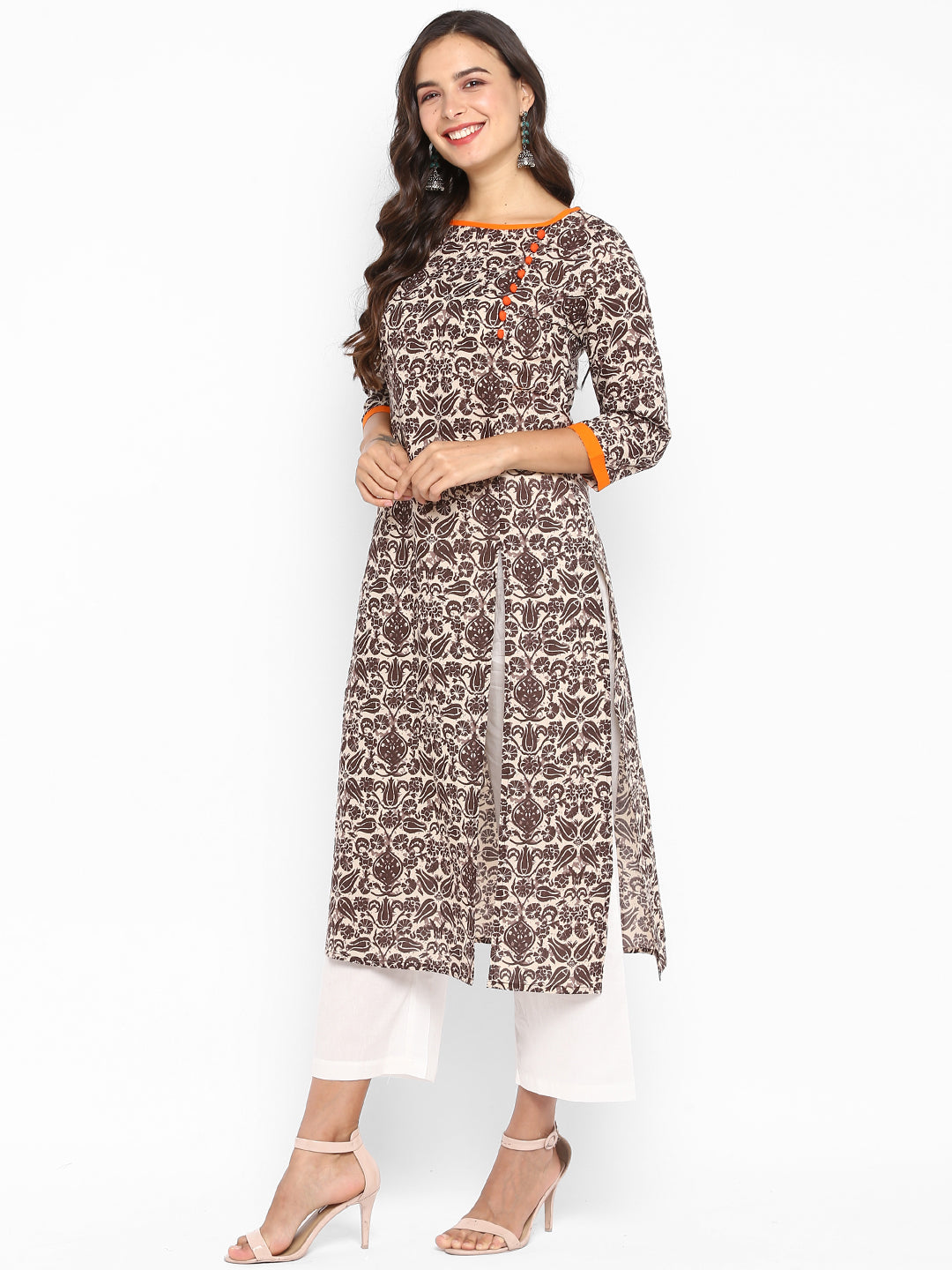 Brown Floral Printed Cotton Kurta