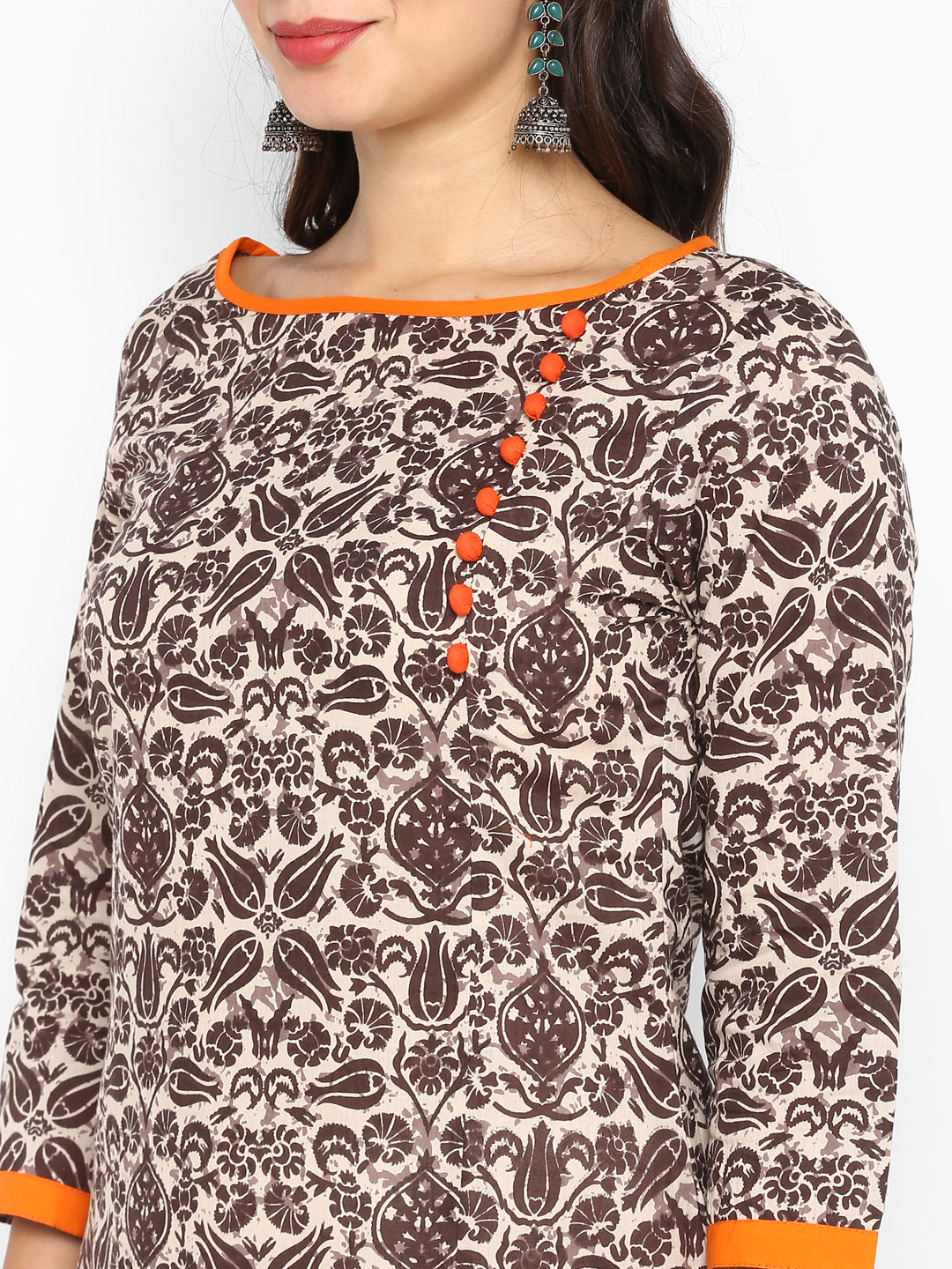 Brown Floral Printed Cotton Kurta