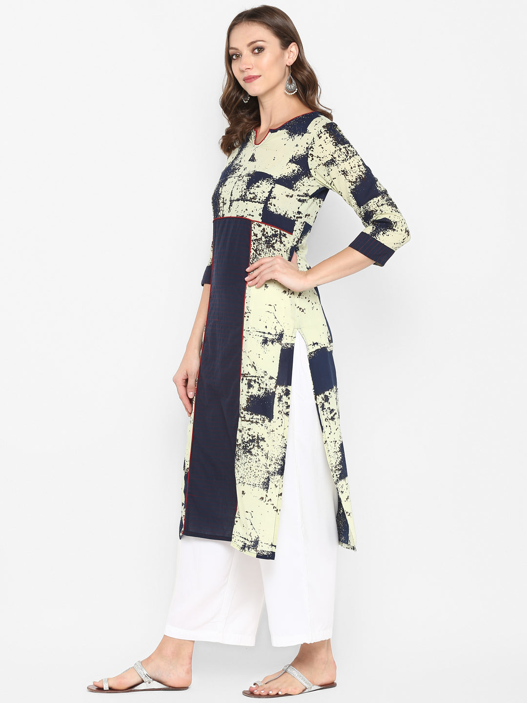 Cream & Blue Abstract Printed Cotton Kurta