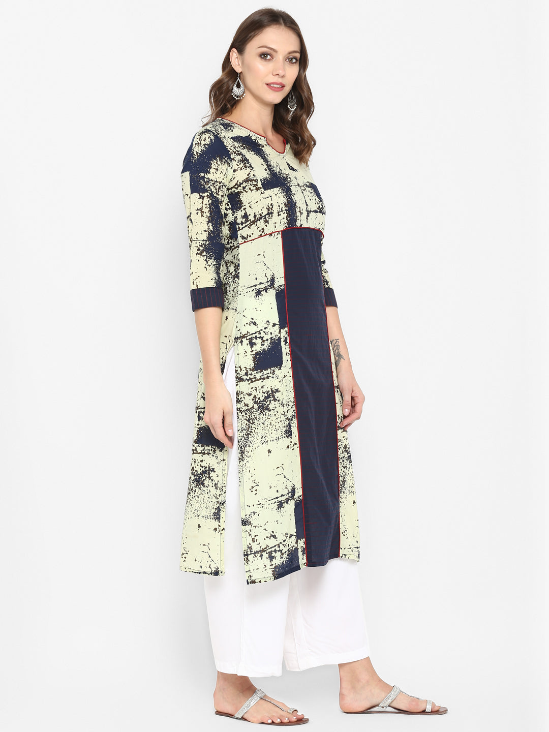 Cream & Blue Abstract Printed Cotton Kurta