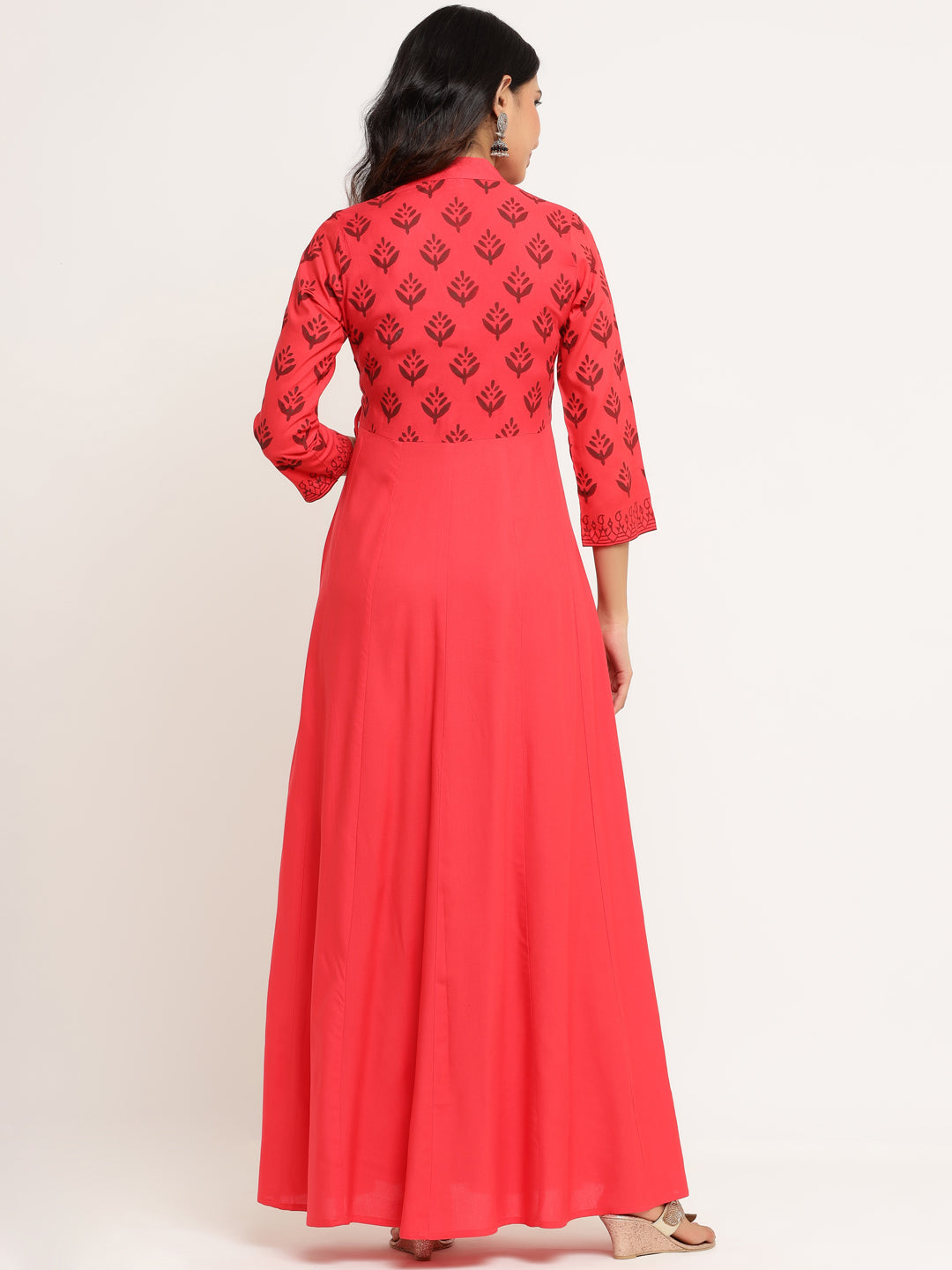 Red Viscose Rayon Hand Block Anarkali