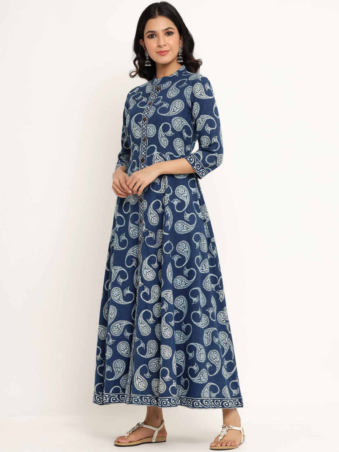 Dabu Printed Cotton Blend Flared Anarkali