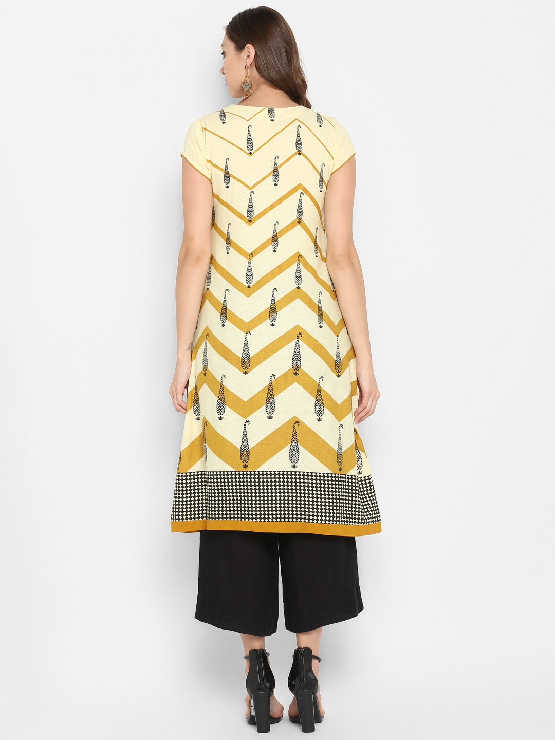 Beige & Mustard Printed Cotton A-Line Kurta