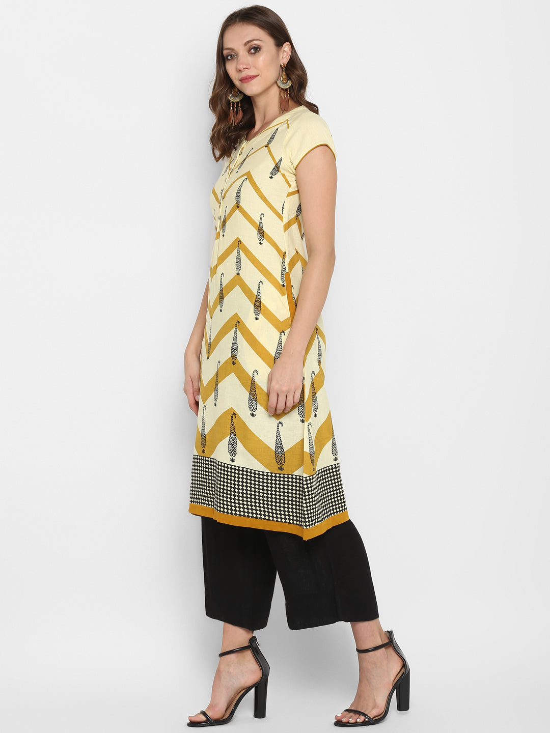 Beige & Mustard Printed Cotton A-Line Kurta