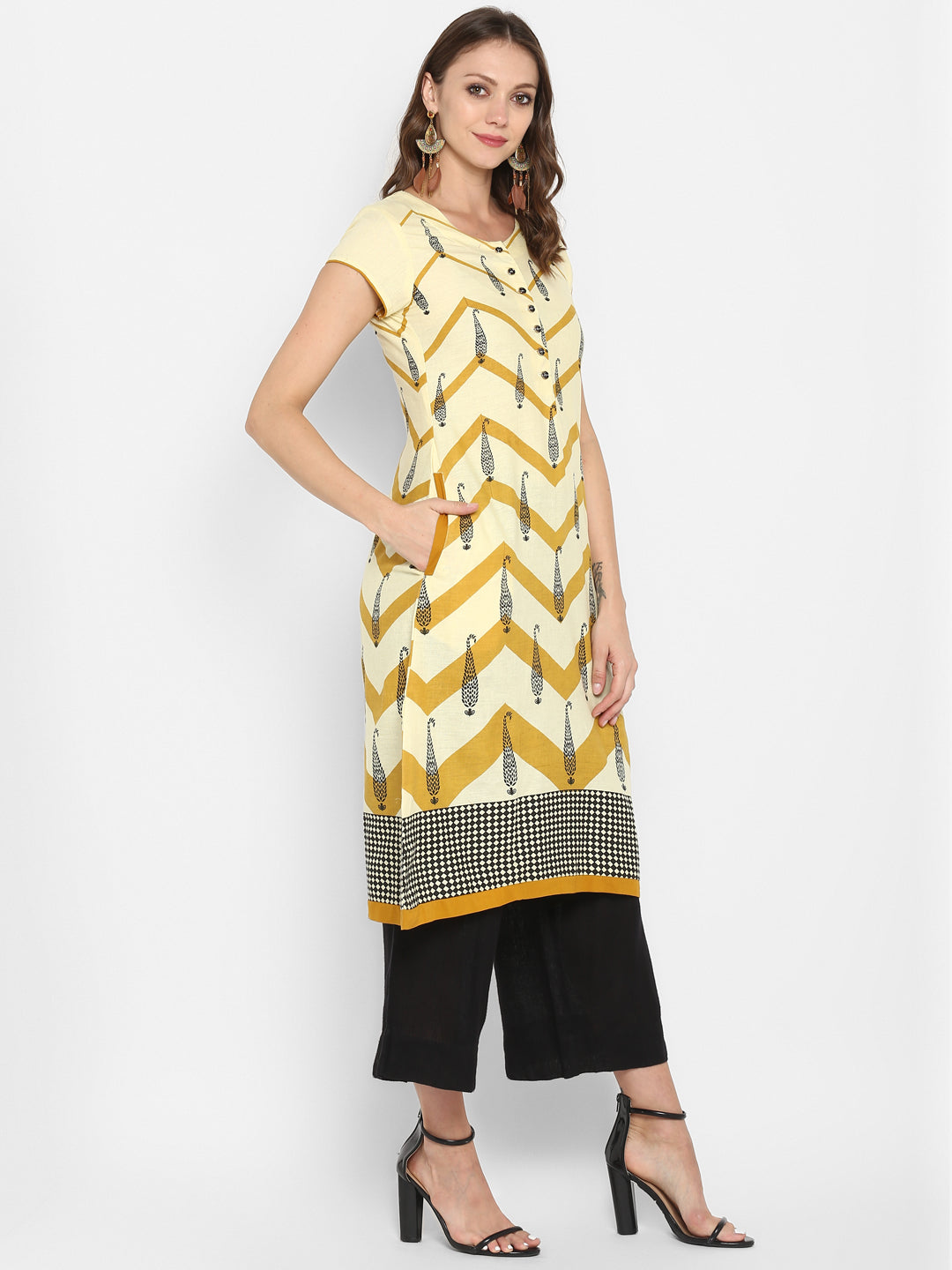 Beige & Mustard Printed Cotton A-Line Kurta