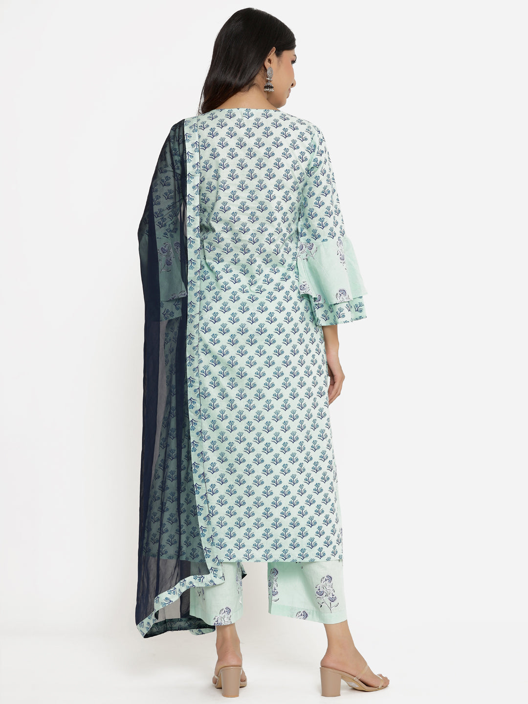 Green Printed Pure Cotton Kurta With Palazzos & Dupatta