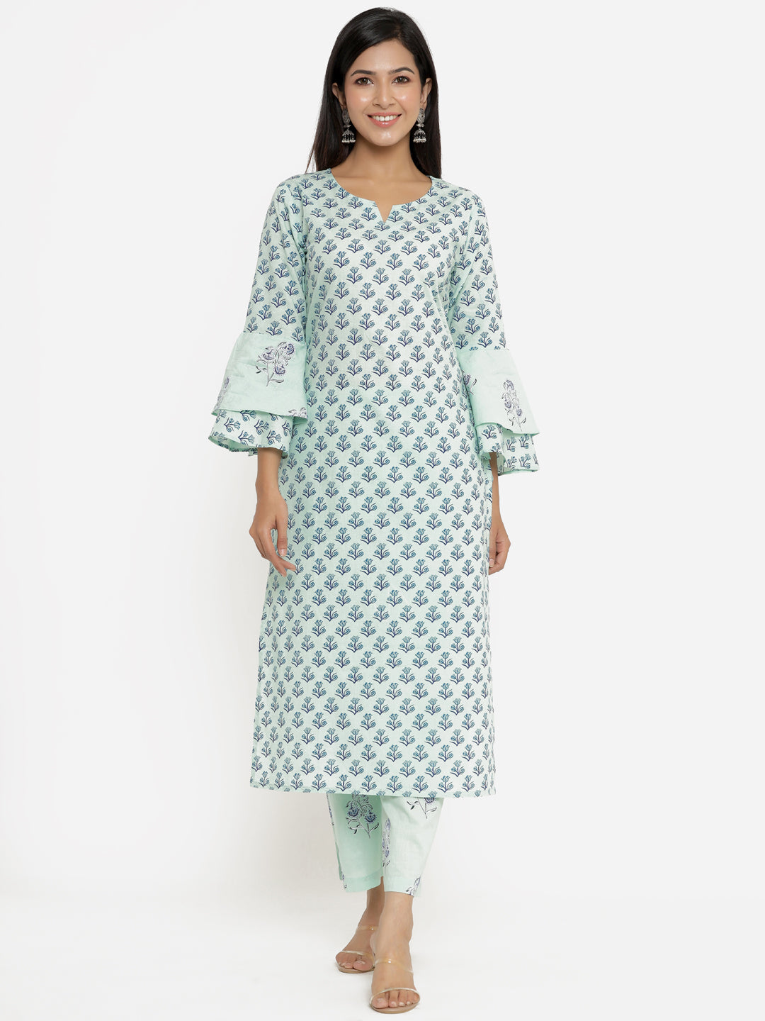 Green Printed Pure Cotton Kurta With Palazzos & Dupatta