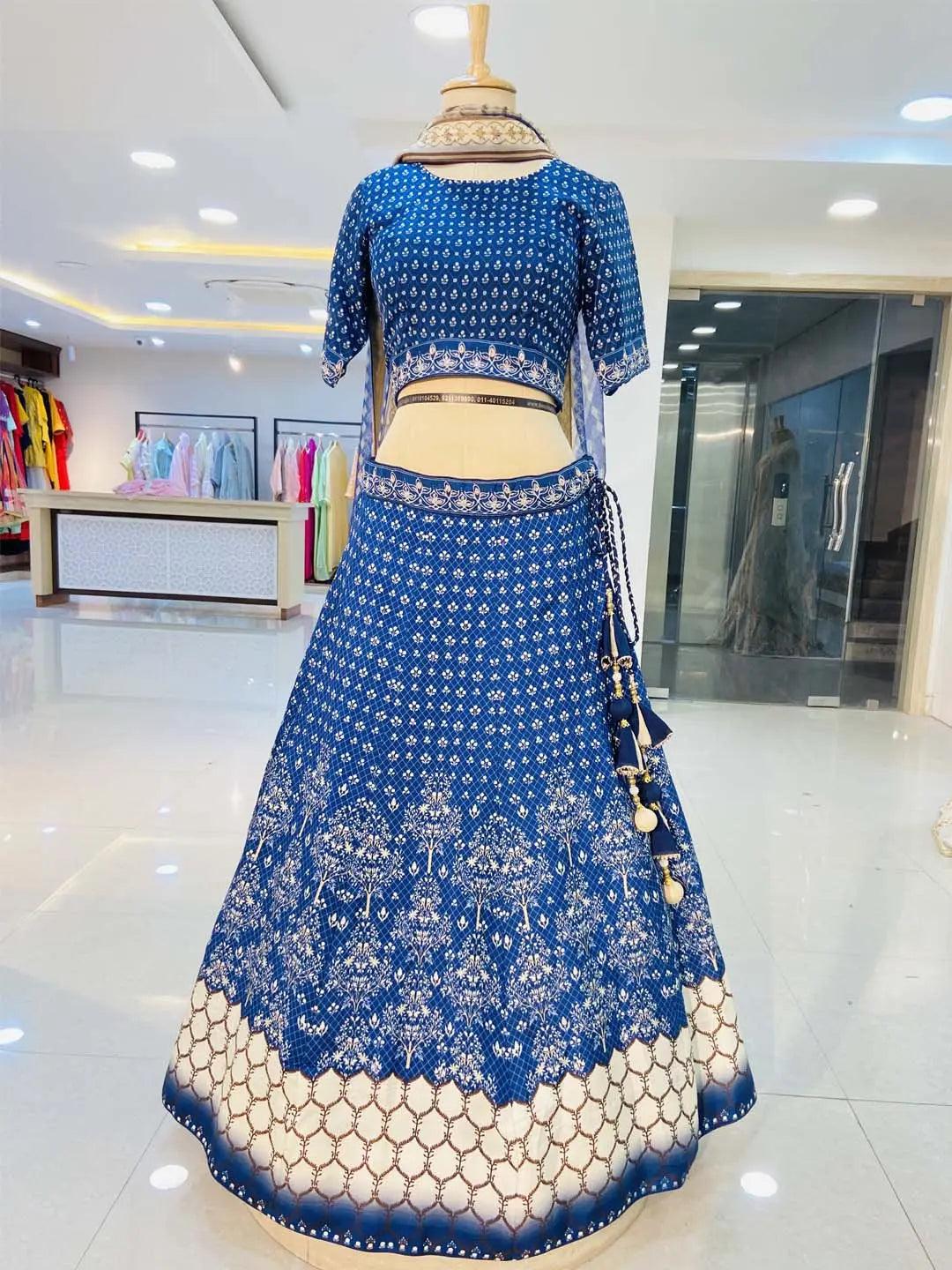 Admiral Blue Pure Crepe Digital Printed Lehenga Lehenga - Daabu Jaipur