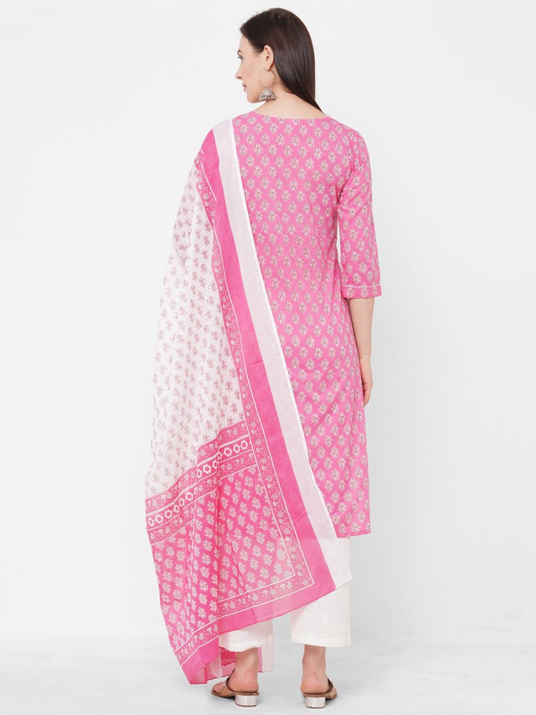 Pink Ethnic Motifs Printed Pure Cotton Kurta with Palazzos & Dupatta - Daabu Jaipur