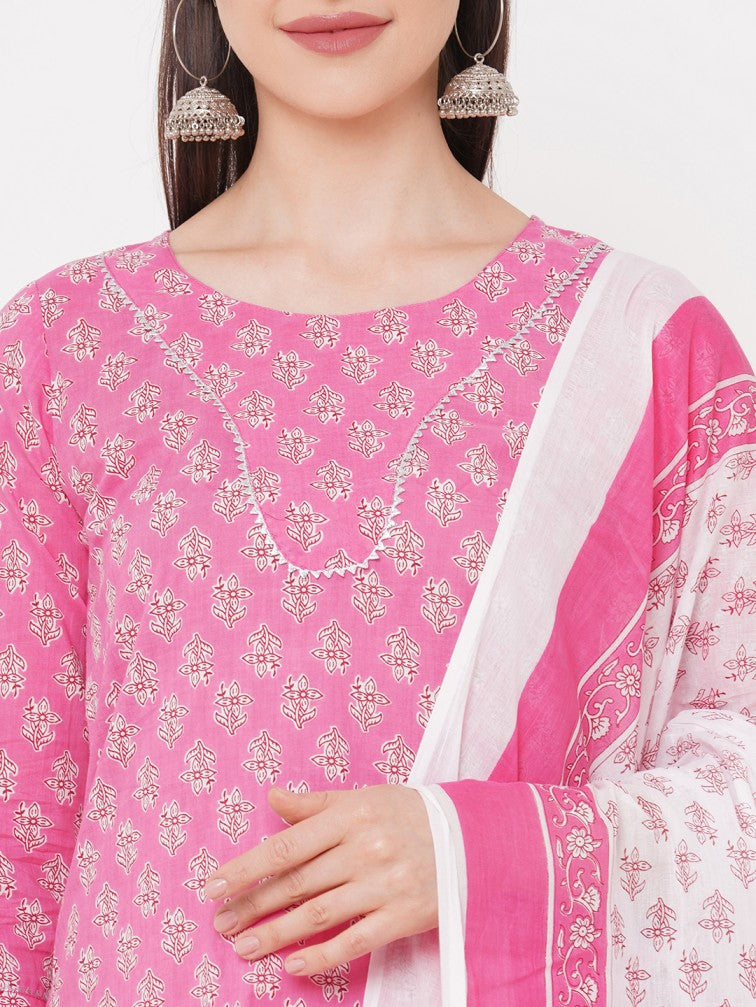 Pink Ethnic Motifs Printed Pure Cotton Kurta with Palazzos & Dupatta - Daabu Jaipur