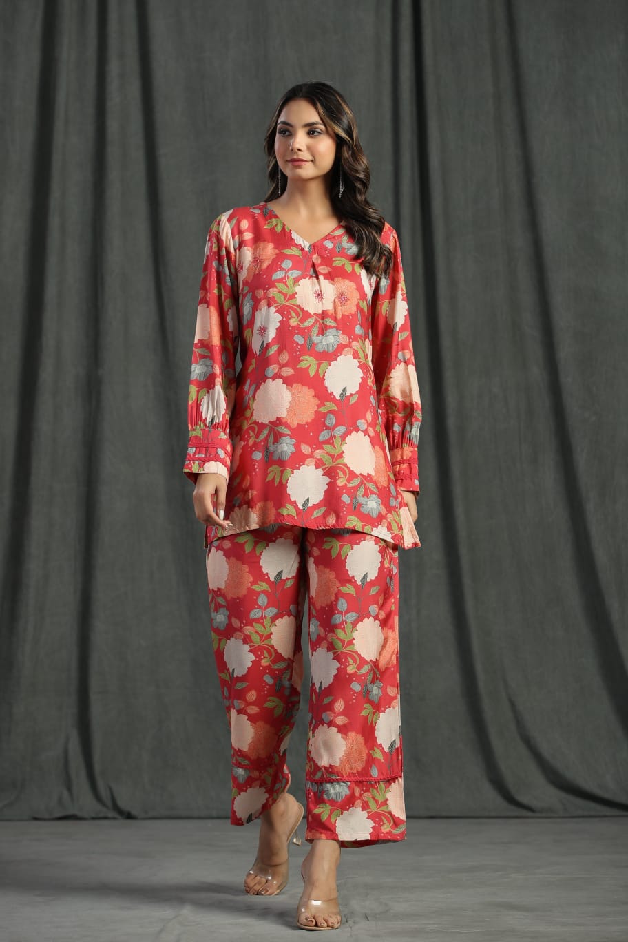 Scarlet Red Floral Printed Muslin Co-Ord Set