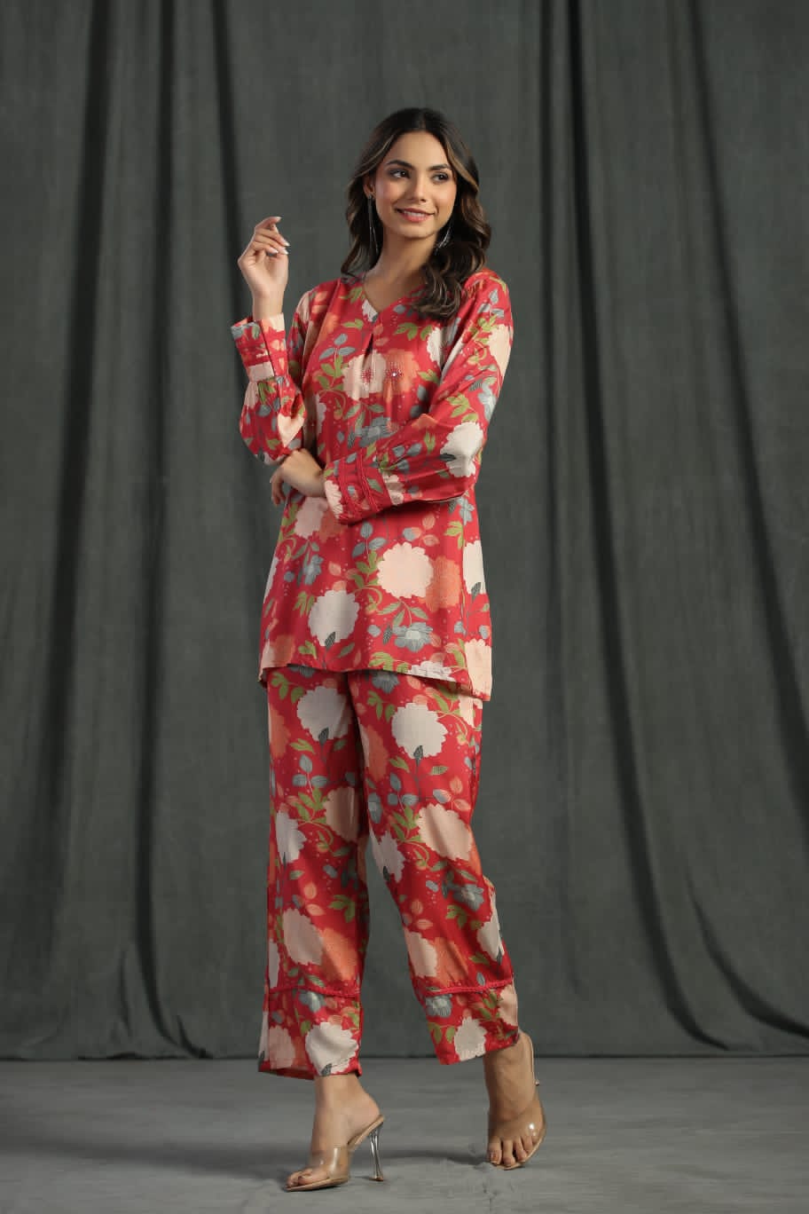 Scarlet Red Floral Printed Muslin Co-Ord Set