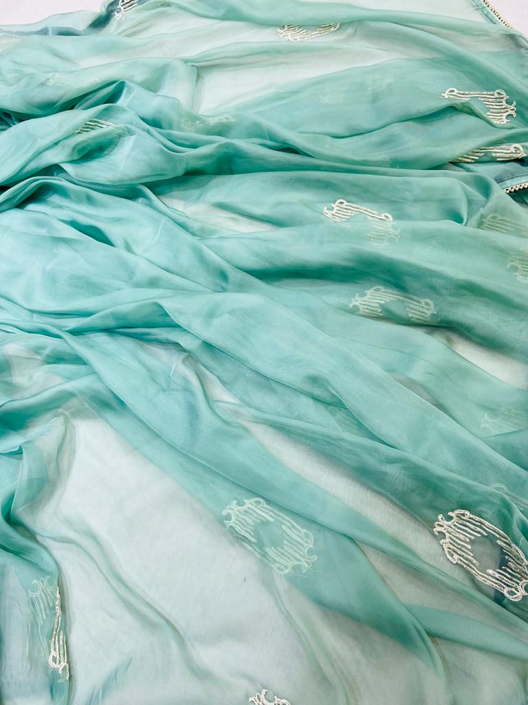 Mint Green Tissue Organza Saree With Blouse & Jacket