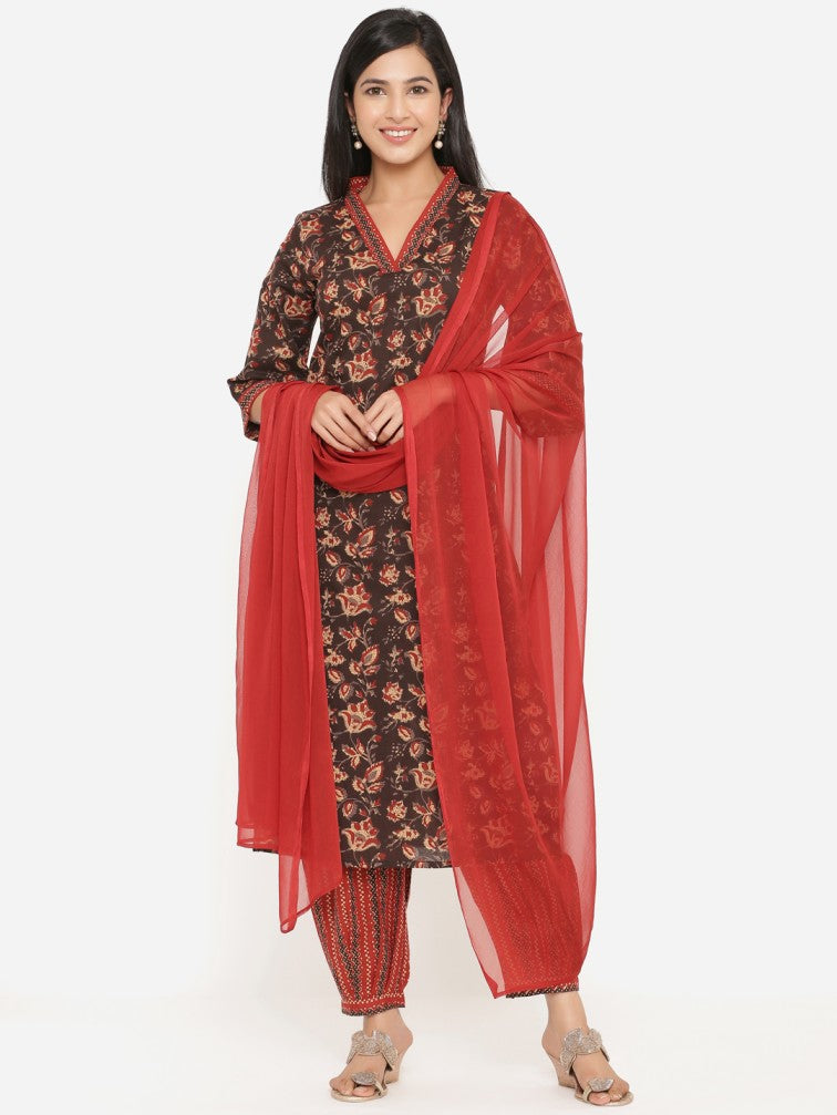 Woman Brown Pure Cotton Kurta with Salwar & With Dupatta - Daabu Jaipur