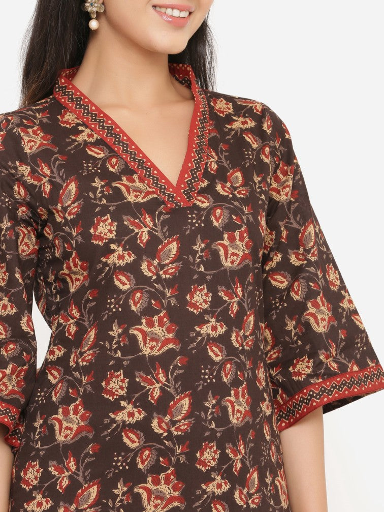 Woman Brown Pure Cotton Kurta with Salwar & With Dupatta - Daabu Jaipur