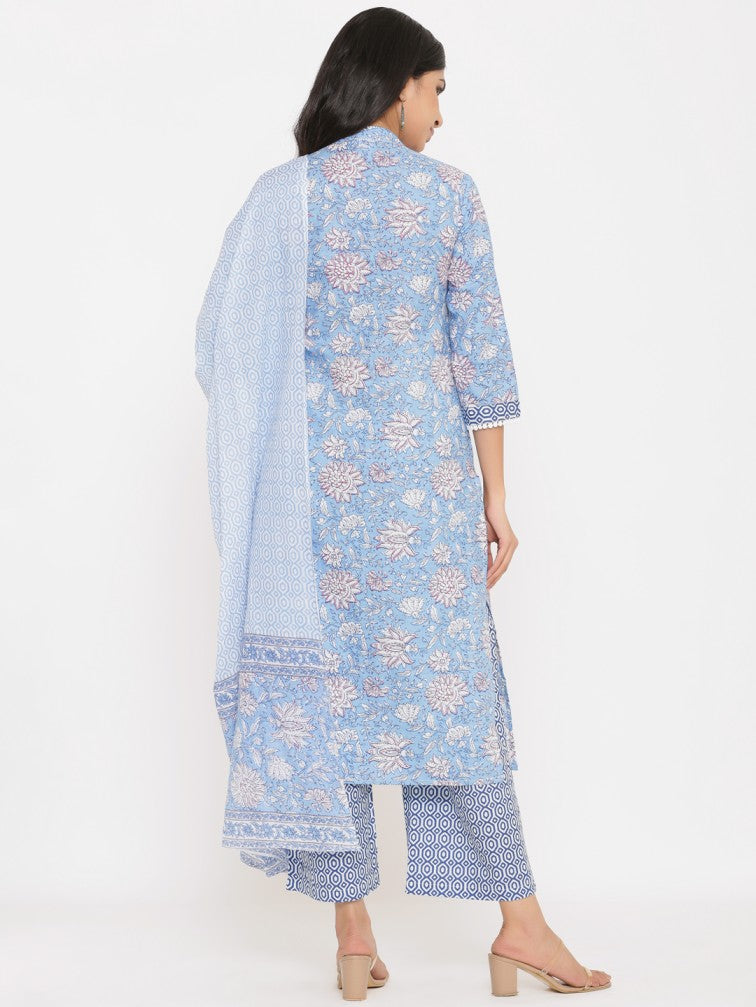 Blue Floral Printed Pure Cotton Kurta With Trousers & Dupatta - Daabu Jaipur