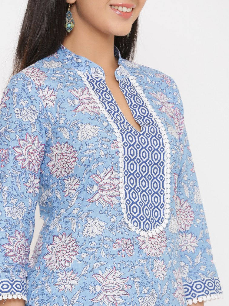 Blue Floral Printed Pure Cotton Kurta With Trousers & Dupatta - Daabu Jaipur