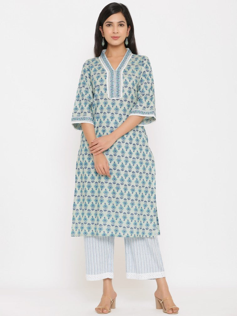 Green Printed Pure Cotton Kurta with Trousers & With Dupatta - Daabu Jaipur