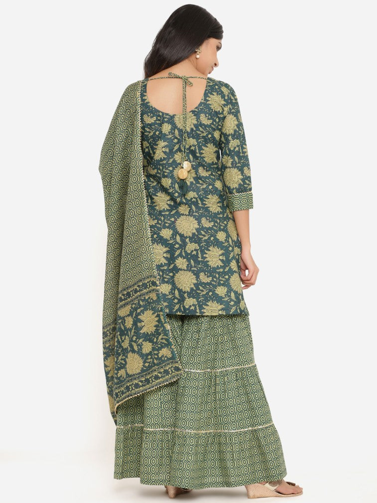 Green Pure Cotton Kurta with Sharara & With Dupatta - Daabu Jaipur