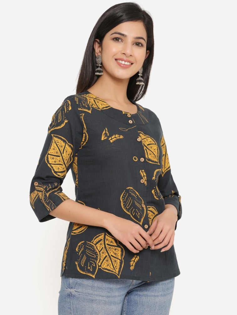 Black & Yellow Floral Printed Kurti - Daabu Jaipur