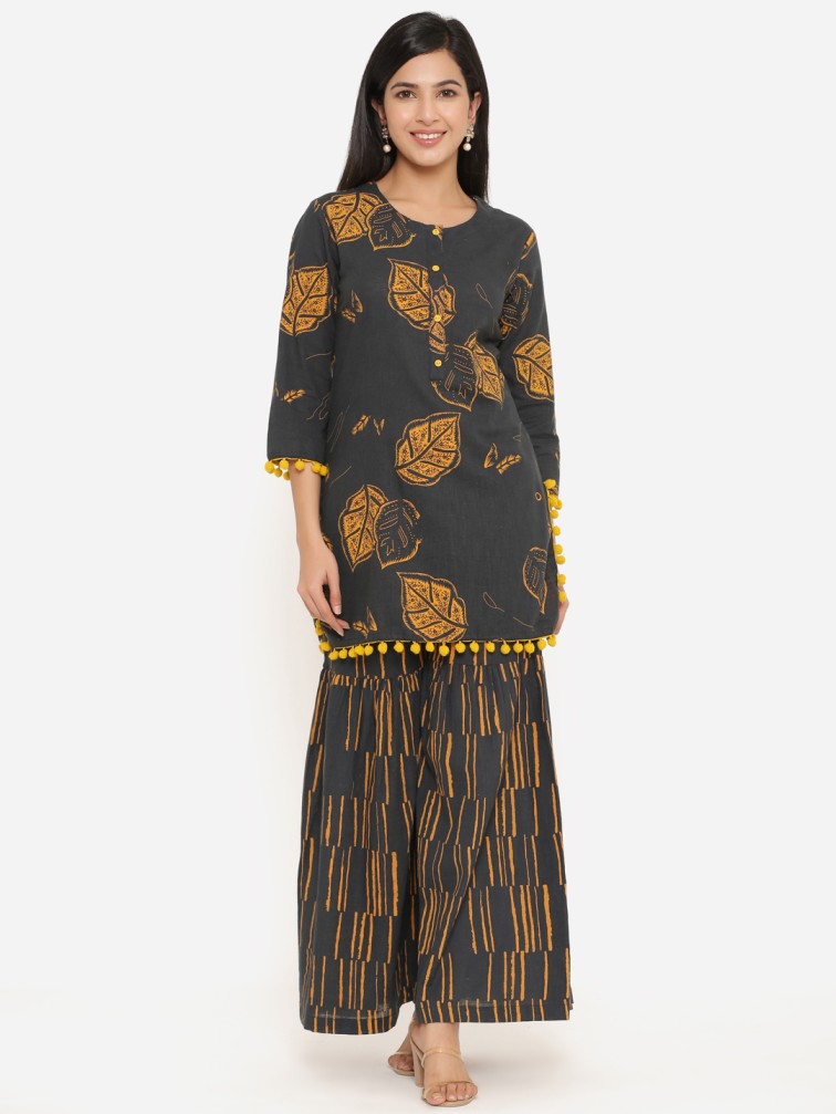 Black & Mustard Printed Thread Work Kurta With Sharara - Daabu Jaipur