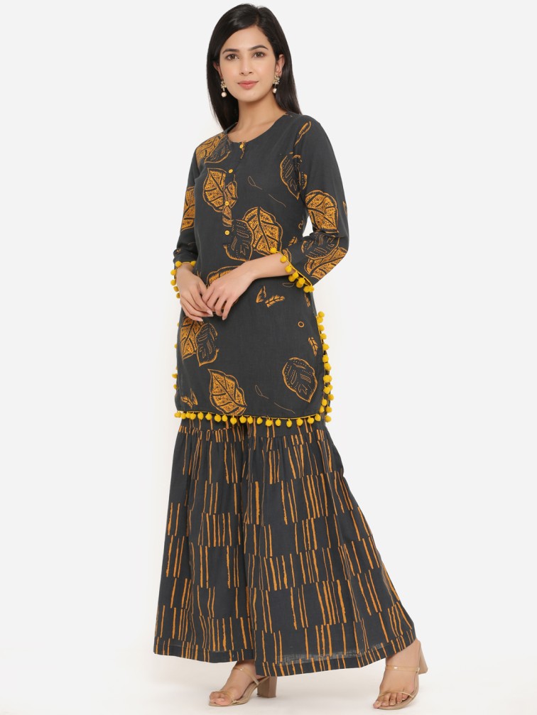 Black & Mustard Printed Thread Work Kurta With Sharara - Daabu Jaipur