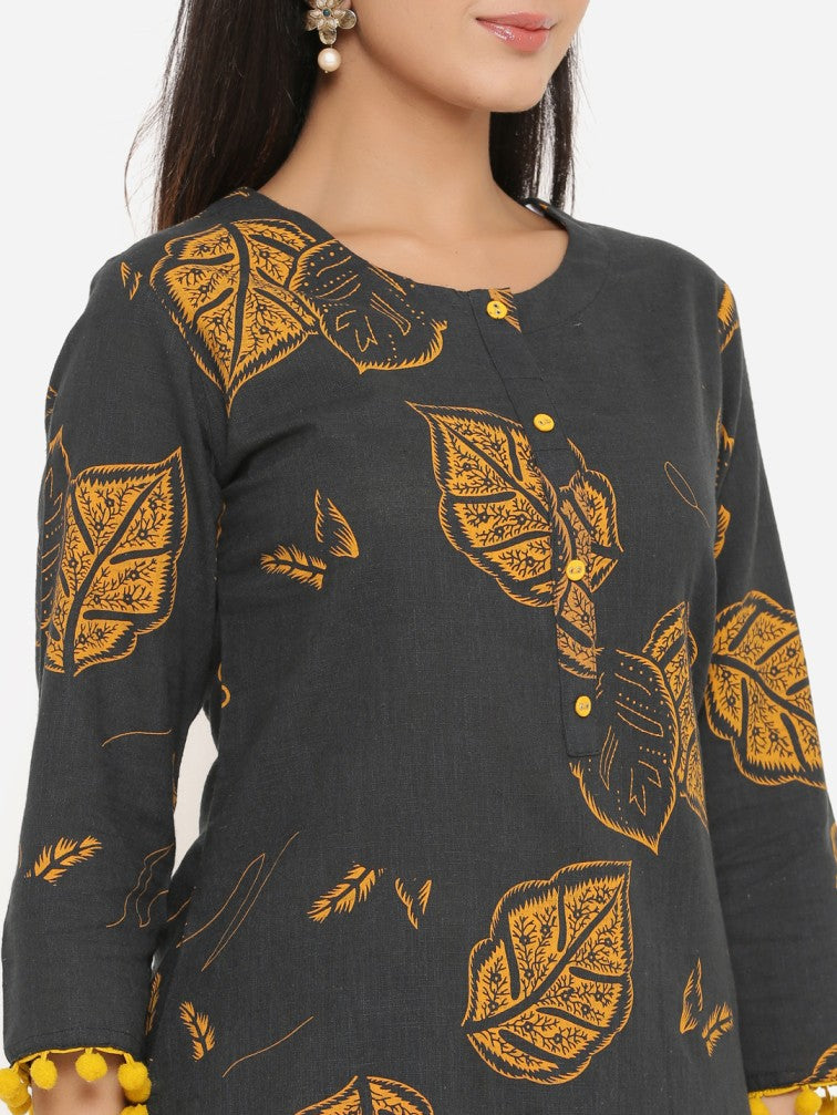 Black & Mustard Printed Thread Work Kurta With Sharara - Daabu Jaipur