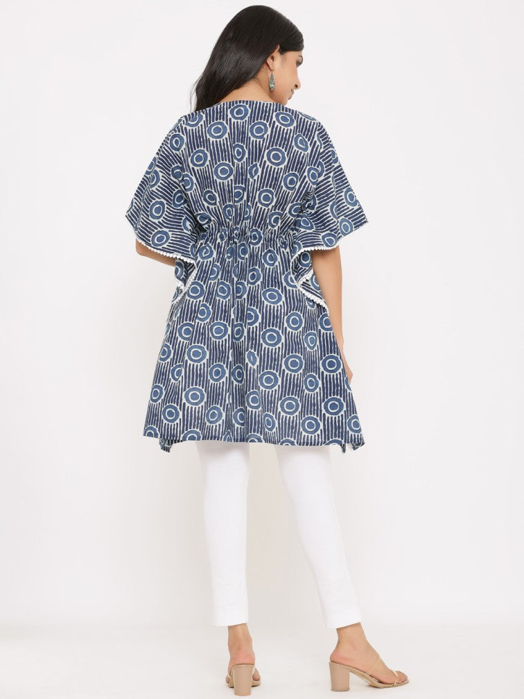 Blue & White Geometric Printed Extended Sleeves Pure Cotton Kaftan Kurti - Daabu Jaipur