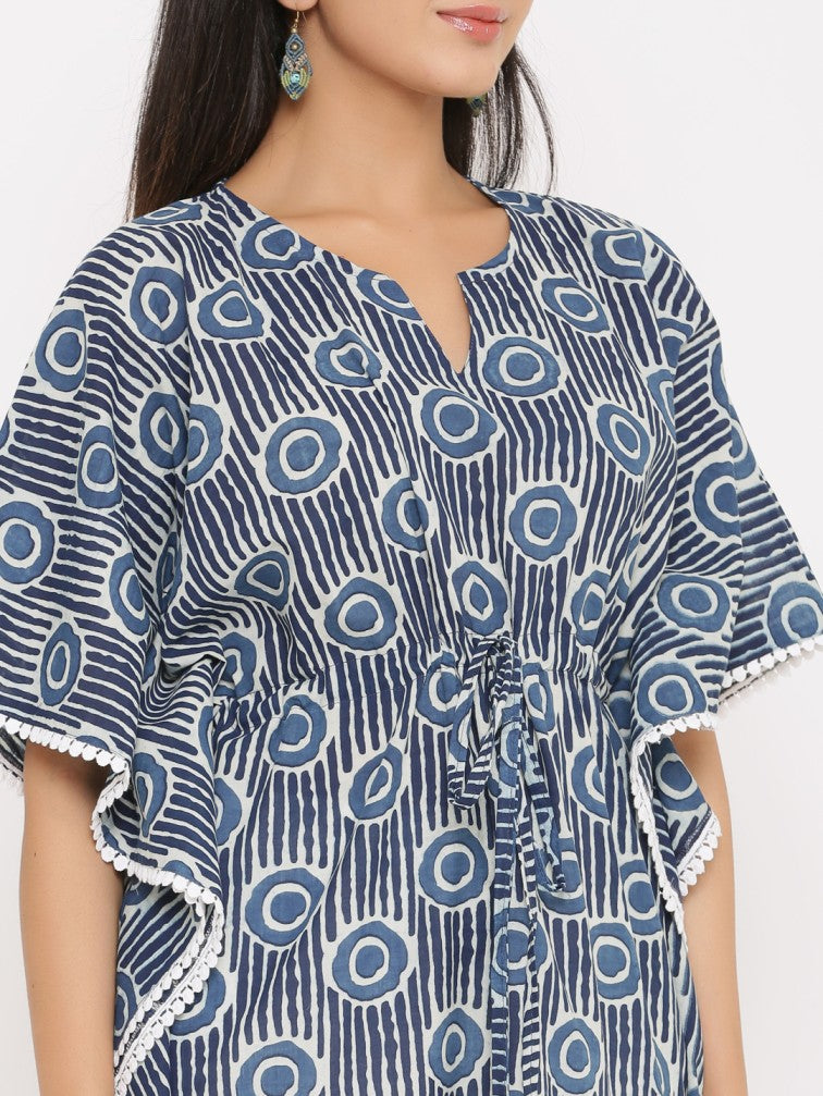 Blue & White Geometric Printed Extended Sleeves Pure Cotton Kaftan Kurti - Daabu Jaipur