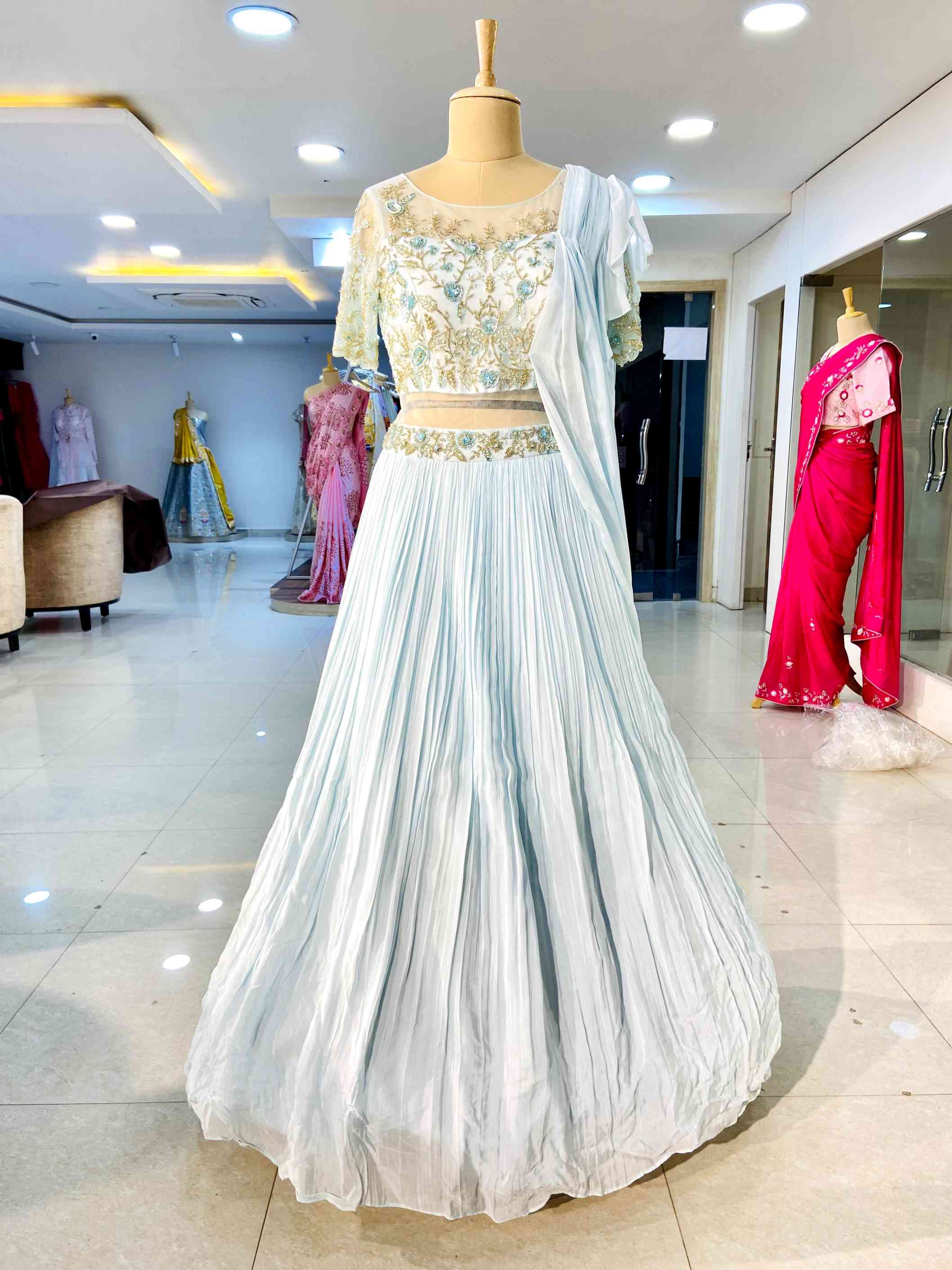 Baby Blue Chinon Designer Gown - Daabu Jaipur