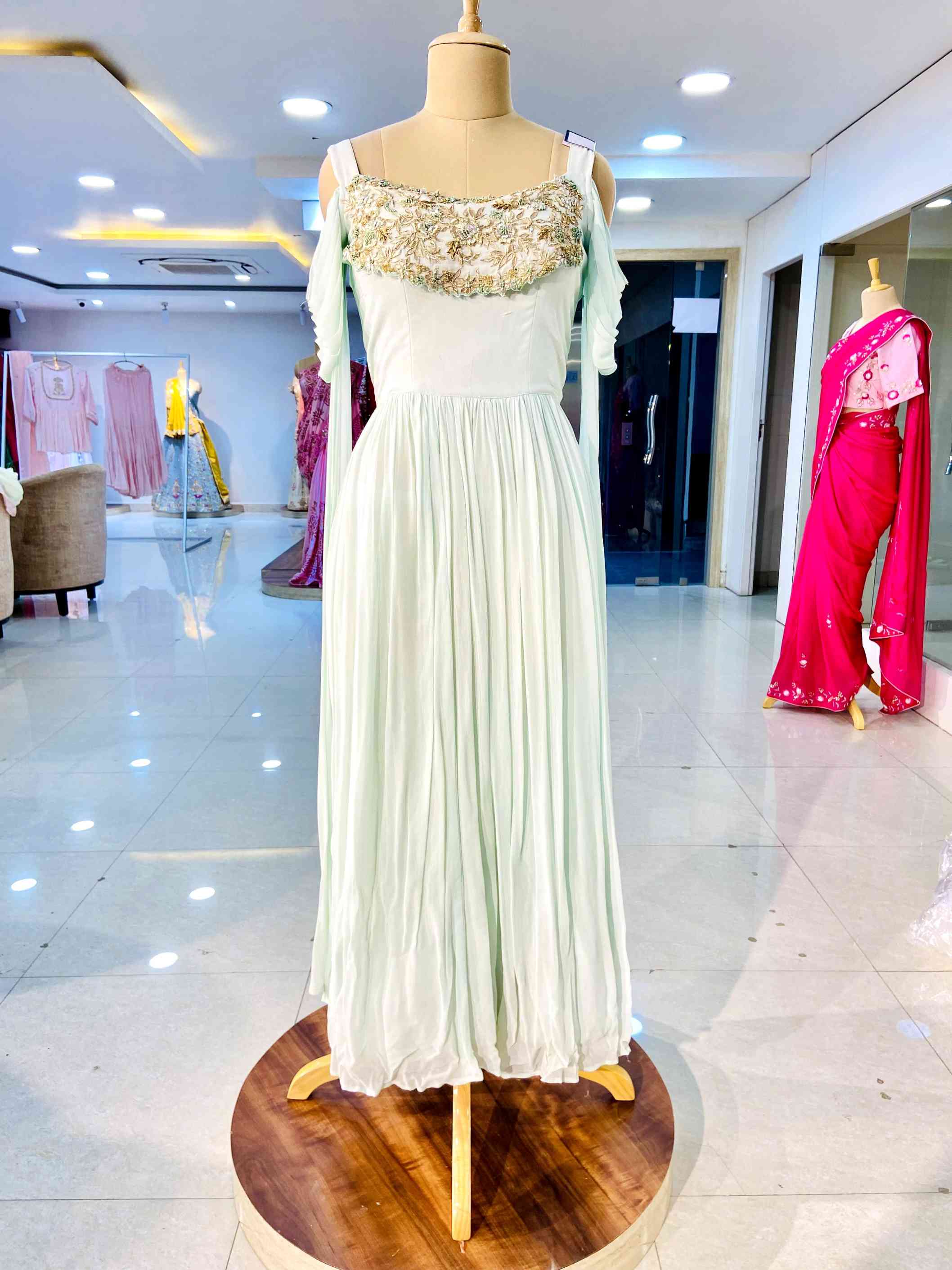 Light Green Georgette Gown - Daabu Jaipur