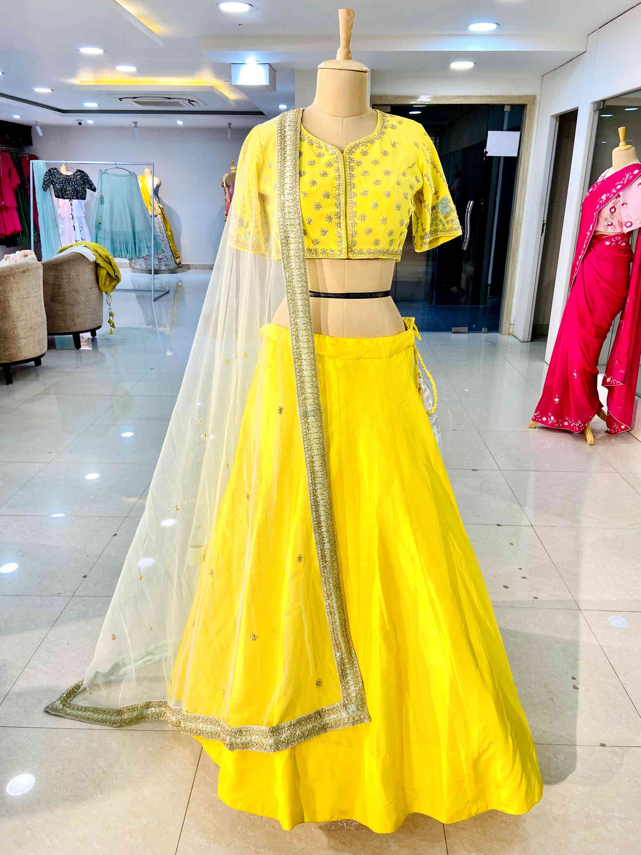 Yellow Crepe Lehenga Set - Daabu Jaipur