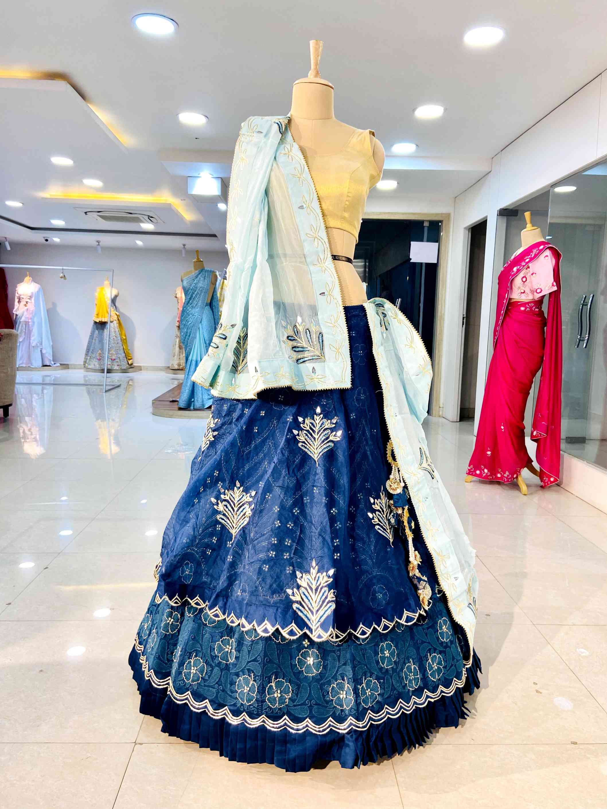 Navy Blue Organza Lehenga - Daabu Jaipur