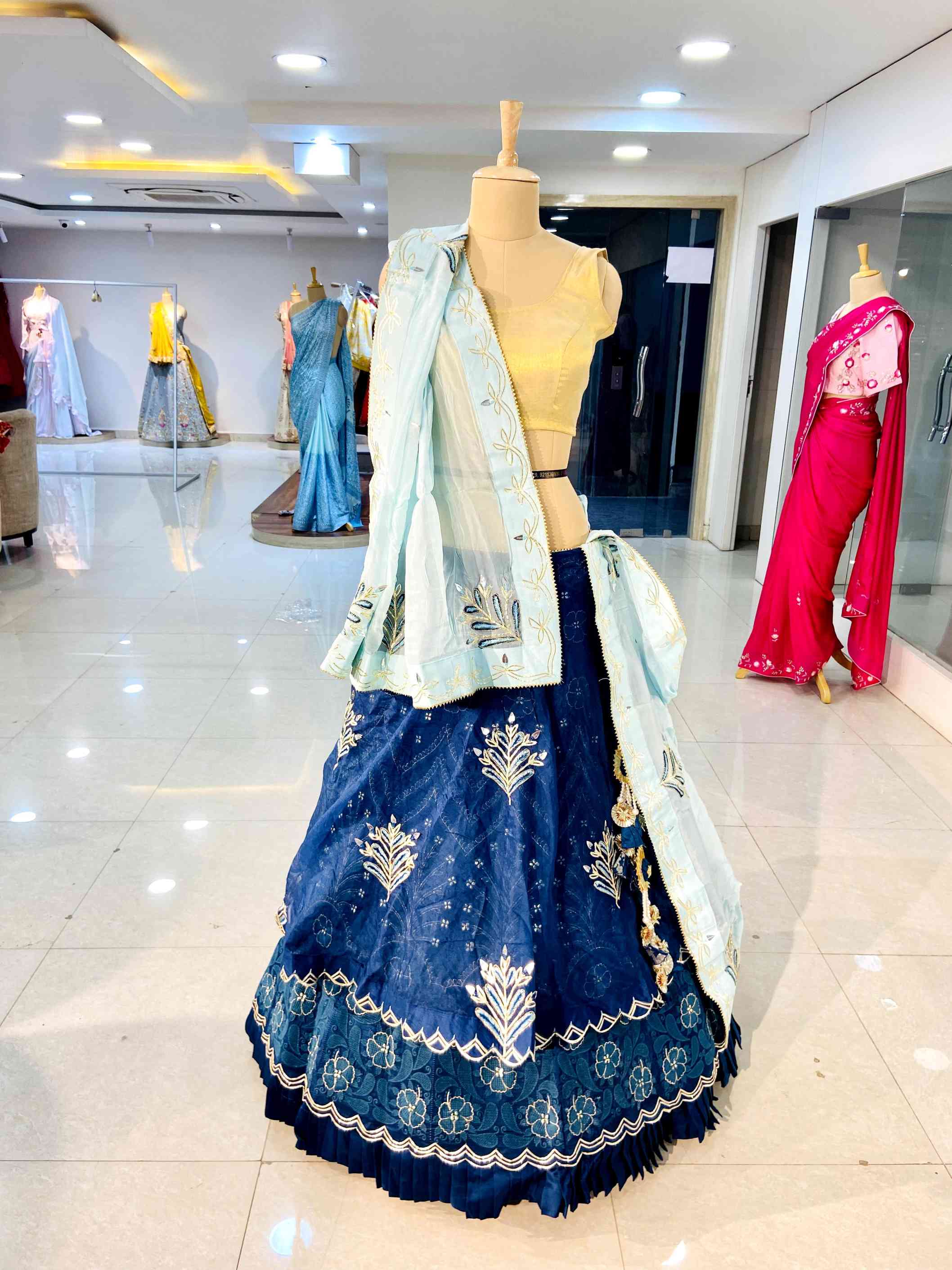 Navy Blue Organza Lehenga - Daabu Jaipur