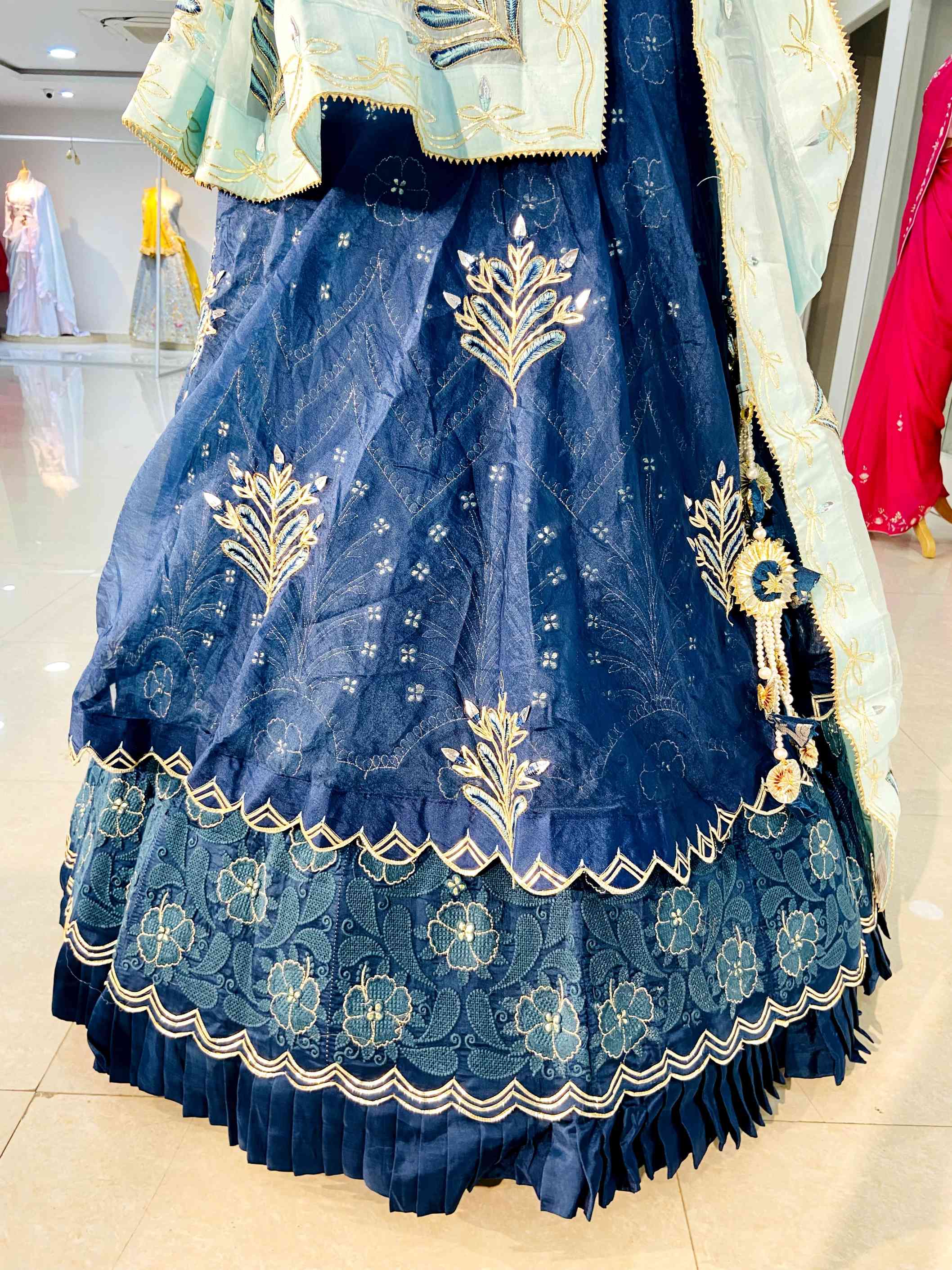 Navy Blue Organza Lehenga - Daabu Jaipur