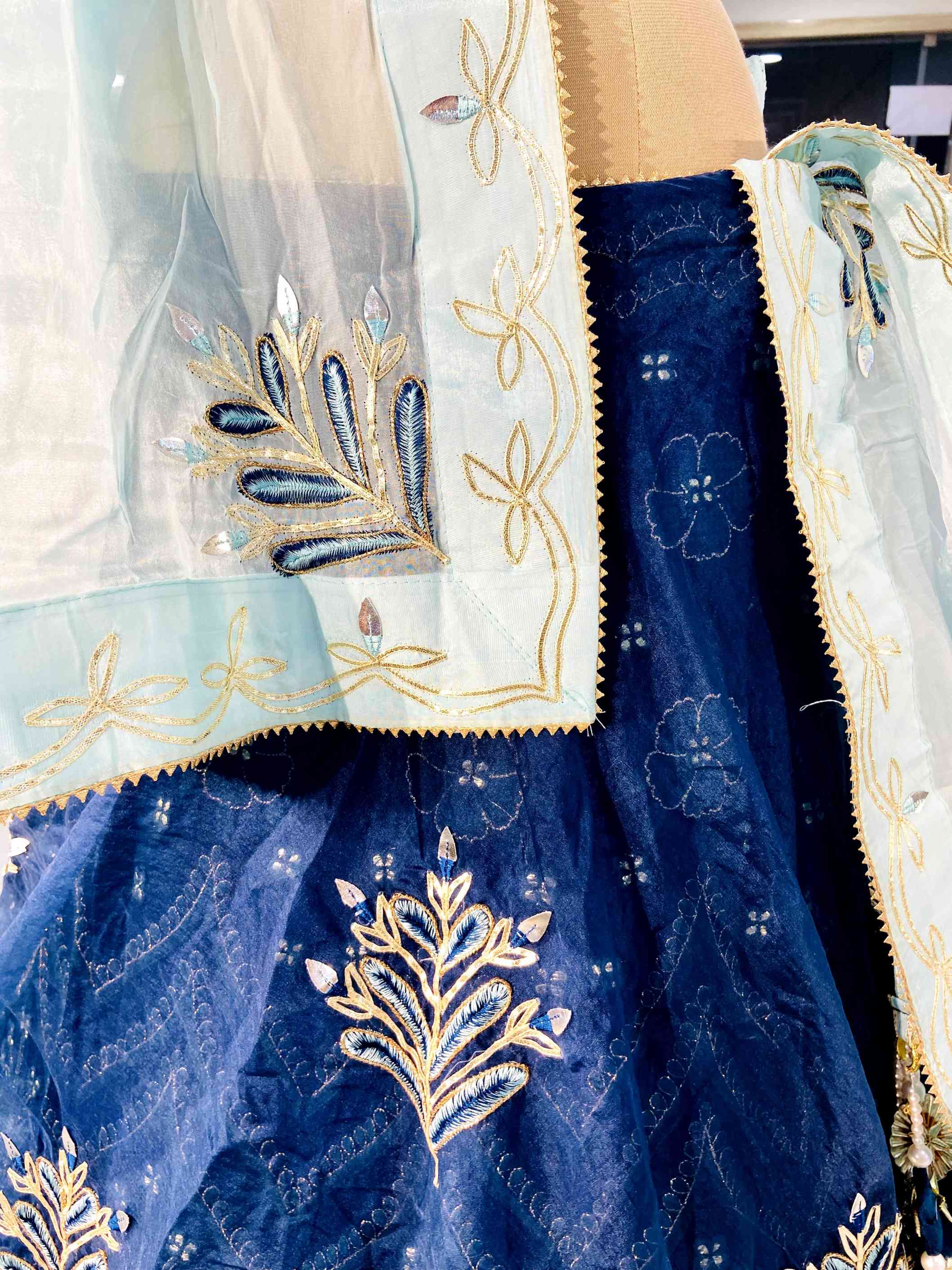 Navy Blue Organza Lehenga - Daabu Jaipur