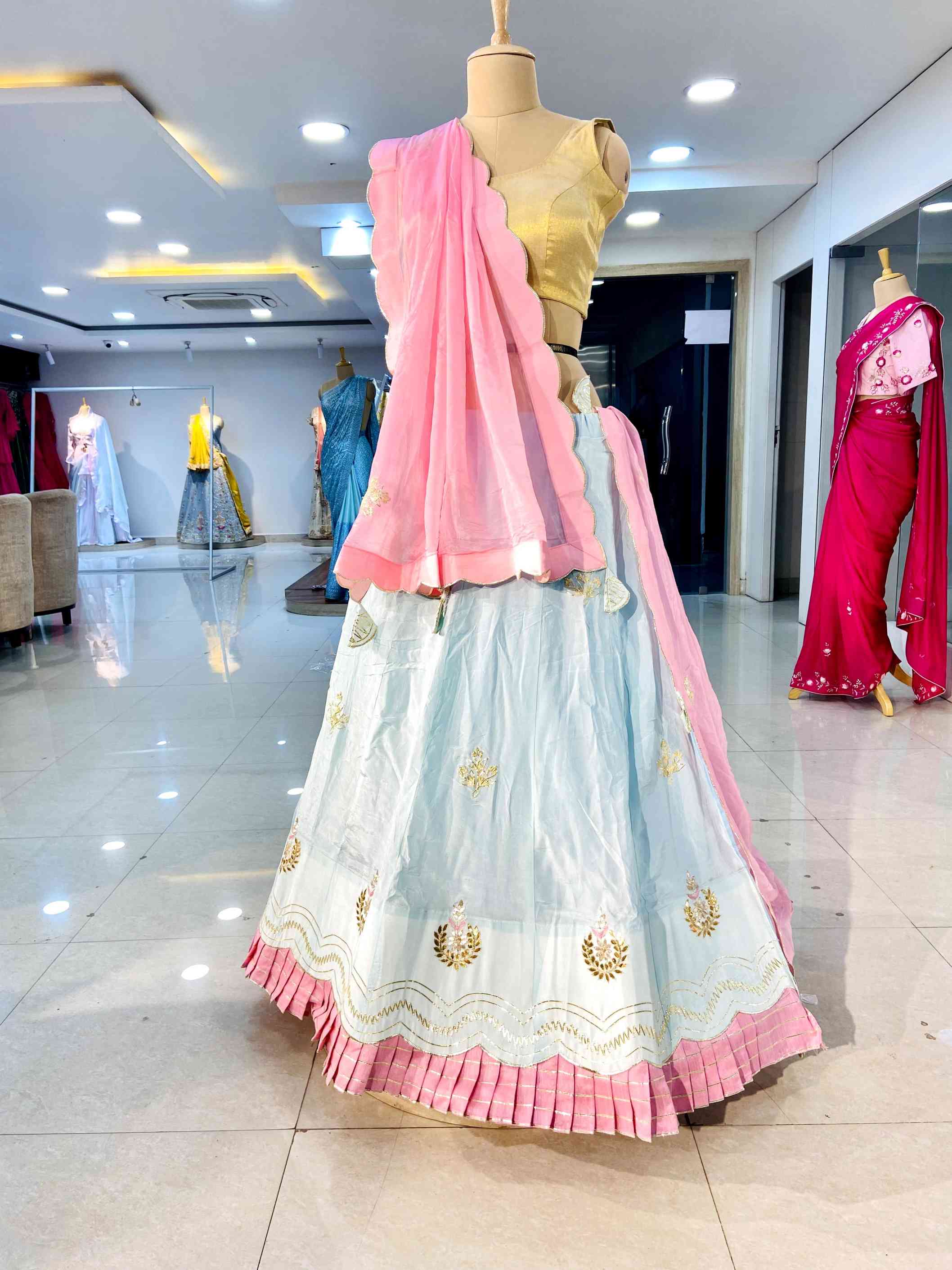 Sky Blue Silk Lehenga - Daabu Jaipur