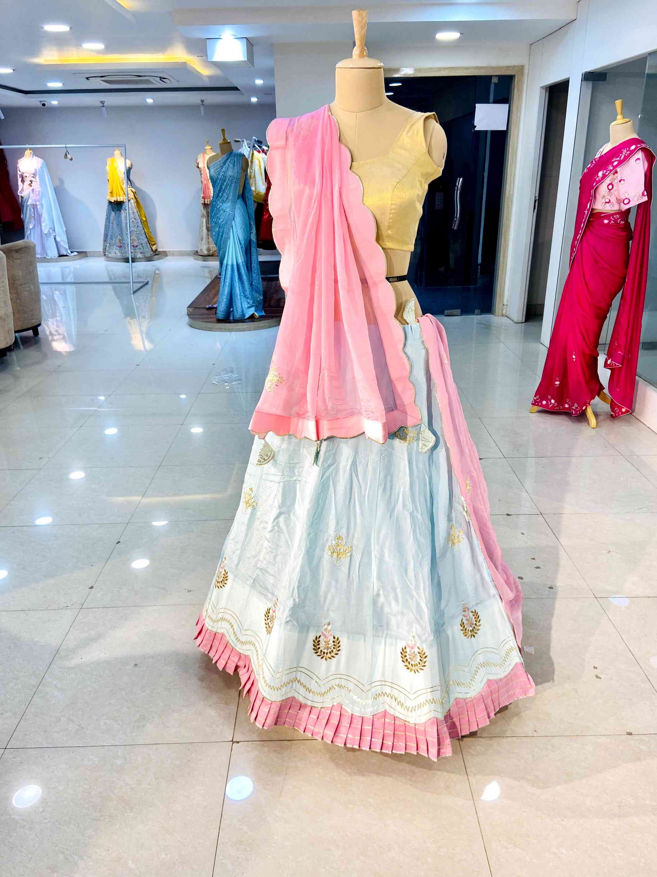 Sky Blue Silk Lehenga - Daabu Jaipur