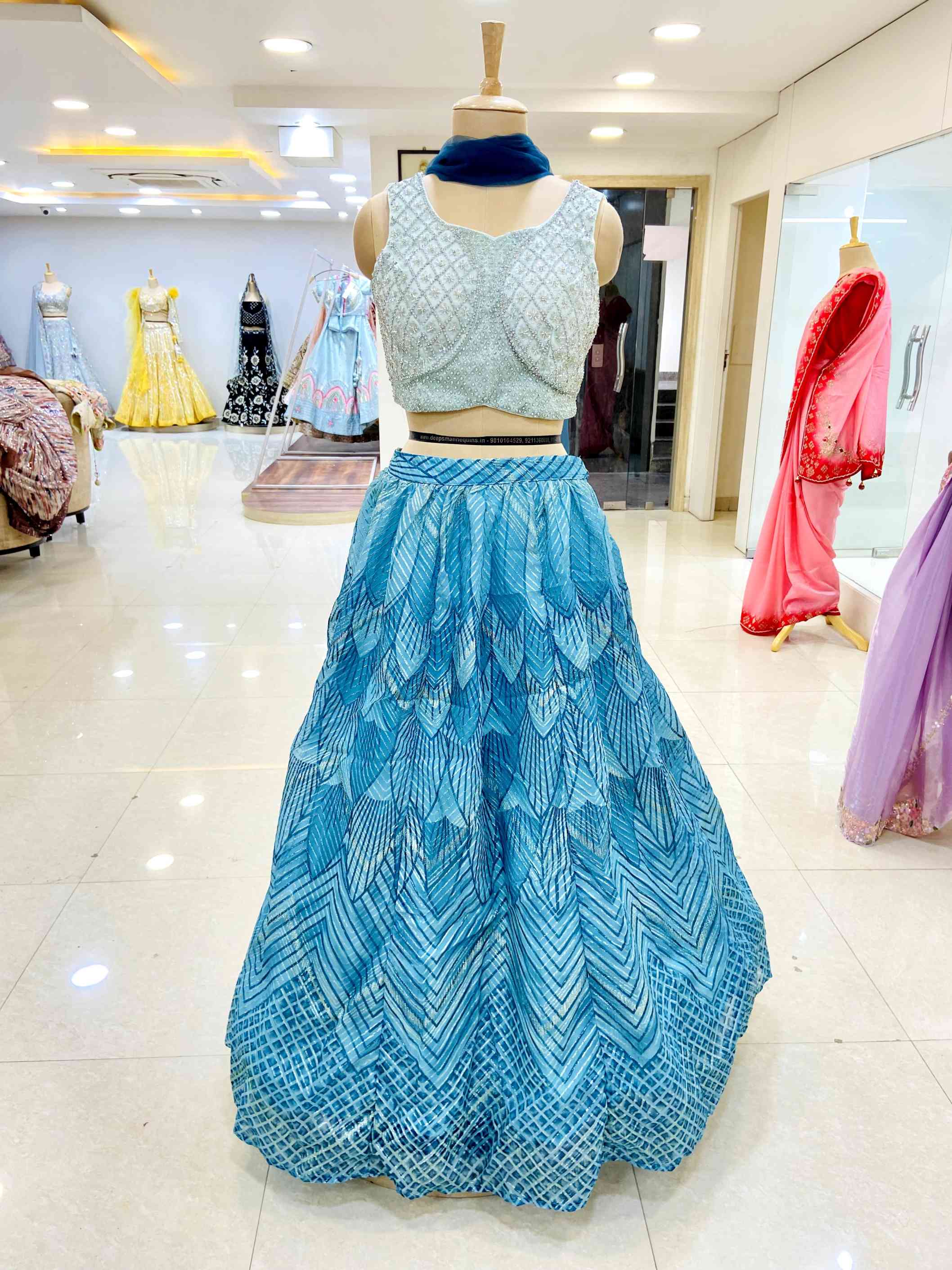 Blue Organza Zari Work Lehenga - Daabu Jaipur