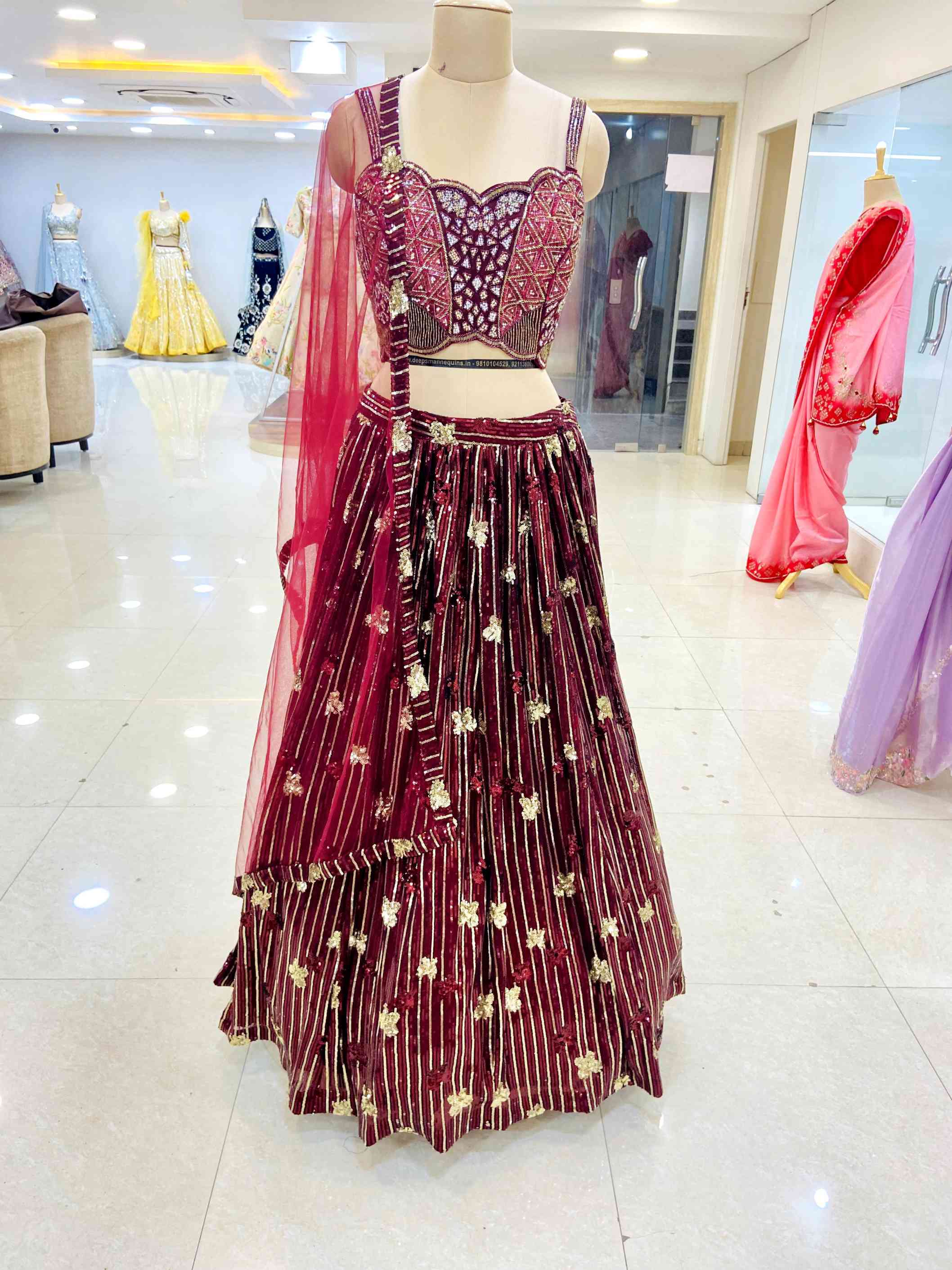 Burgundy Net Lehenga Set - Daabu Jaipur