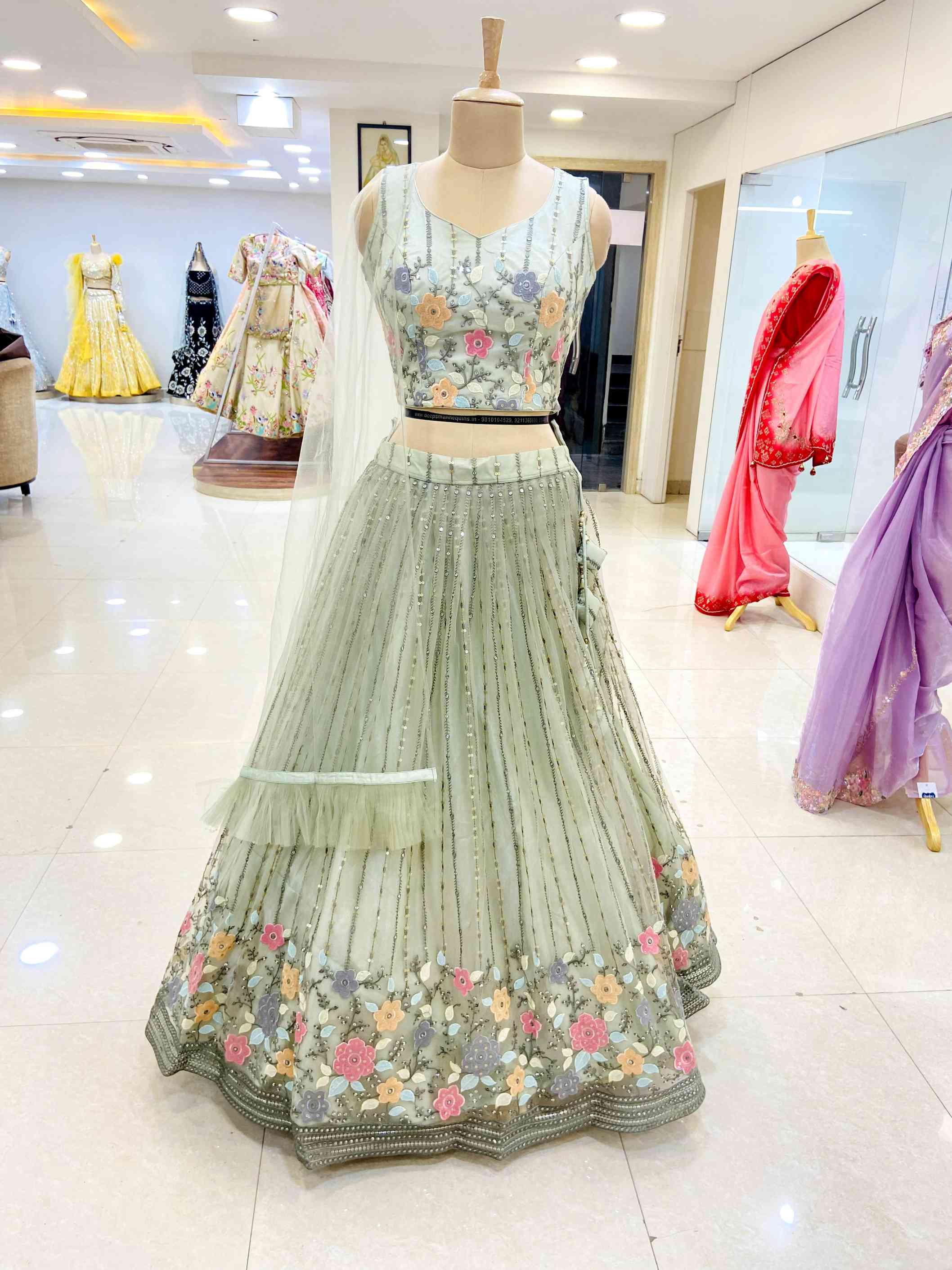 Mint Green Net Floral Lehenga - Daabu Jaipur