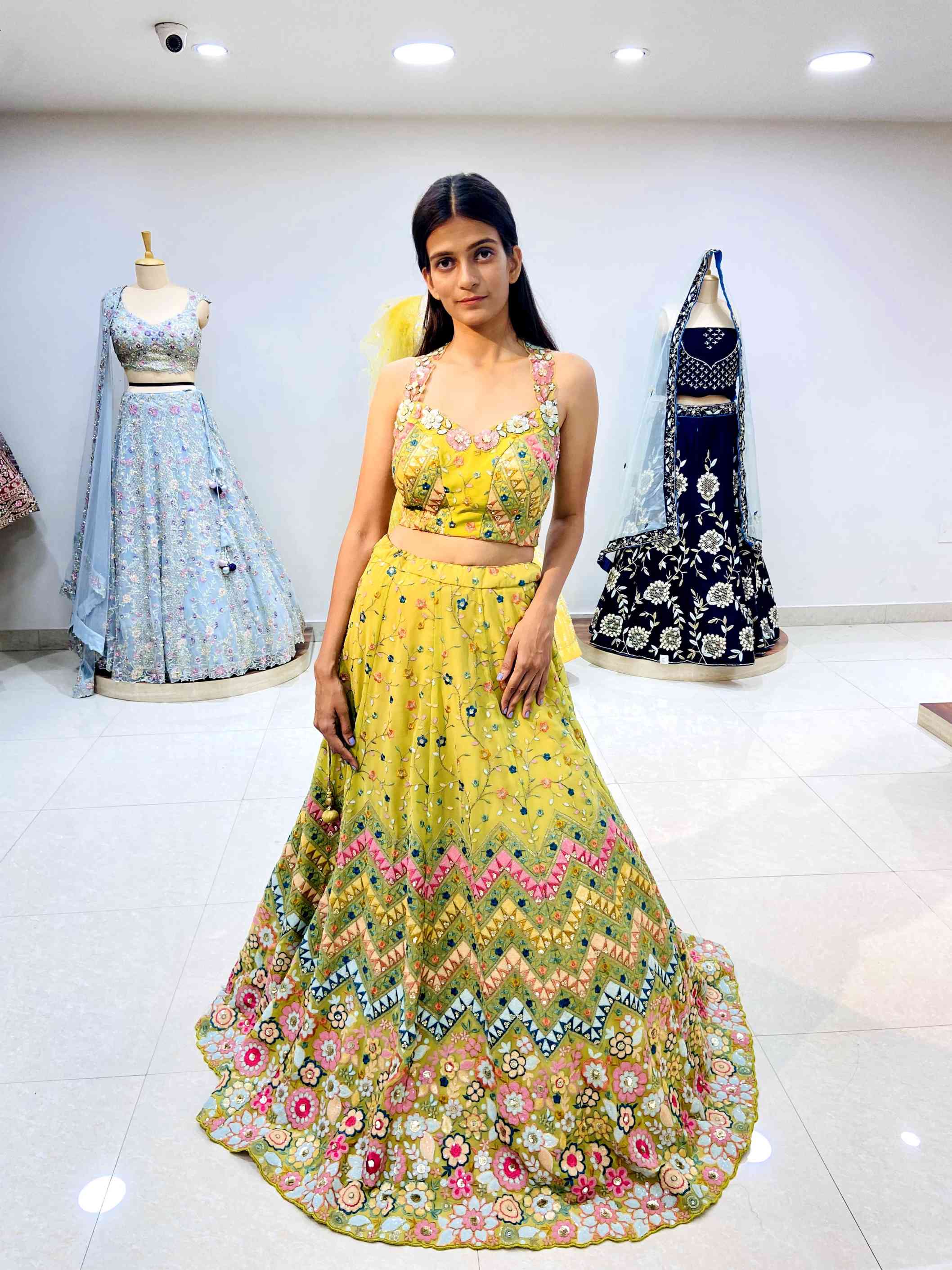 Lime Green Floral Lehenga - Daabu Jaipur